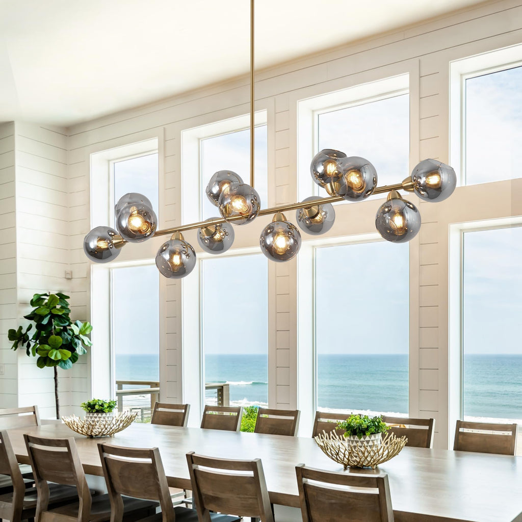 Lzawvm Linear Chandeliers Dining Room Gold Sputnik Chandelier 13-Lights Modern Glass Globe Chandelier 59 Inch 13 Lights Linear Dining Room Light Fixture
