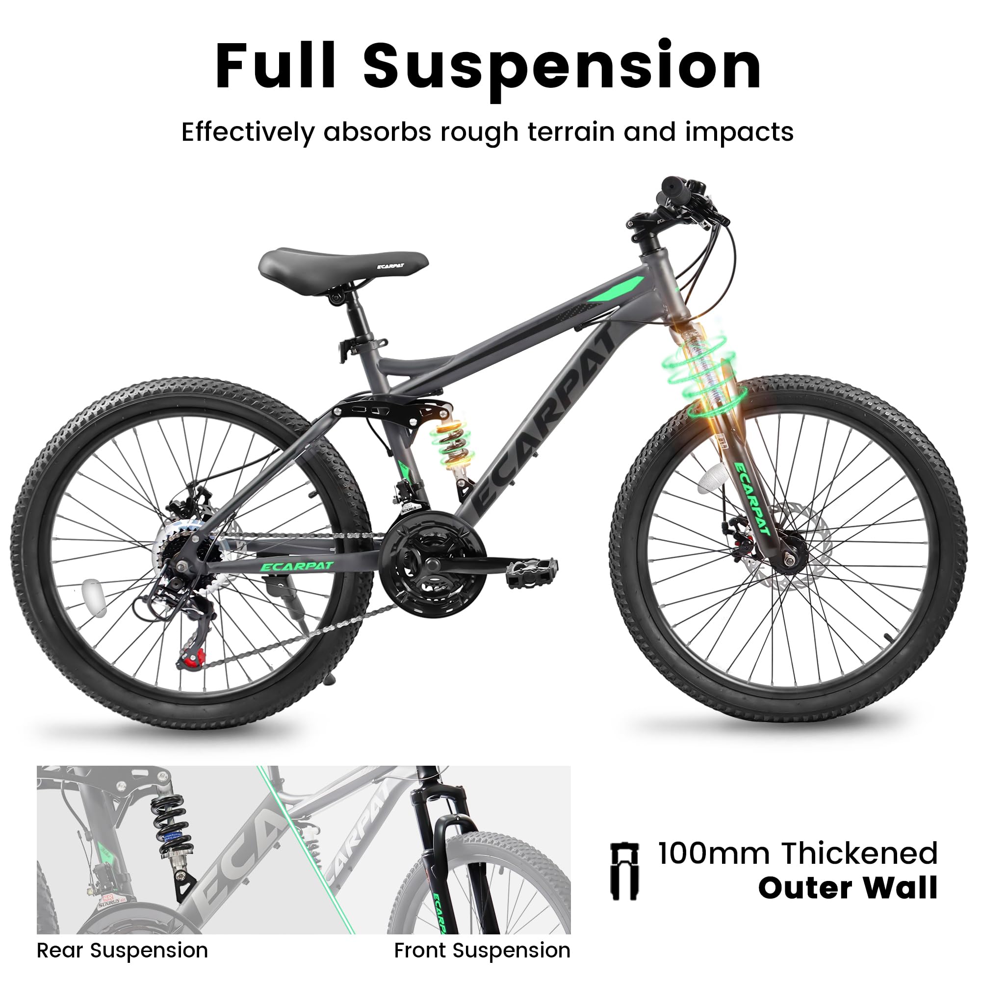 Ecarpat Full Dual Suspension 26 Inch Mountain Bike, 21-Speed Disc Brake, Front Fork Rear Shock Absorber Carbon Steel Frame Mountain Bike, Mens Womens Trail Commuter City Bicycles