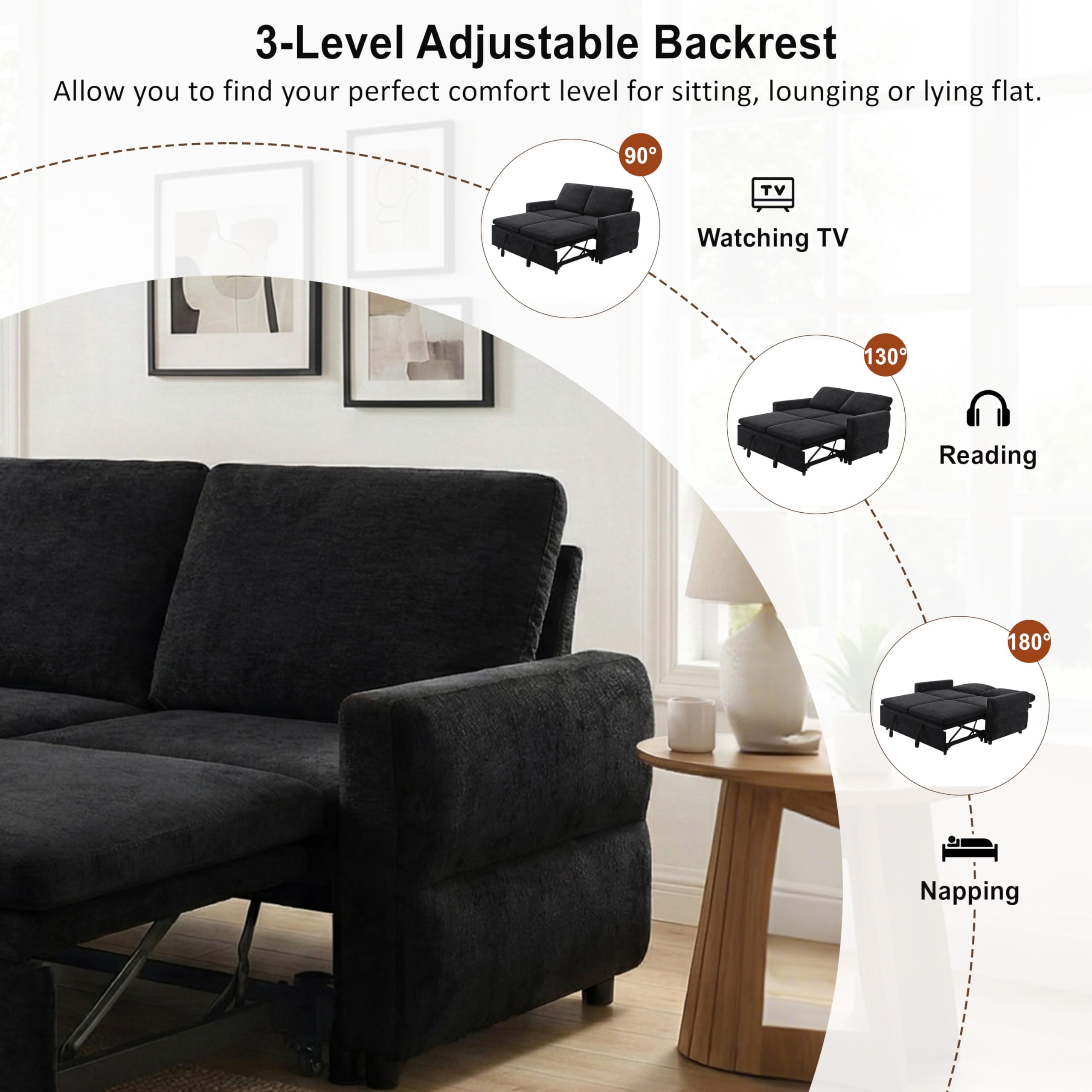 Eafurn 3 in 1 Convertible Sofa Bed Pull Out Sleeper Couch Bed - Modern Futon Loveseat Sleeper Sofa with Adjustable Reclining Backrest & USB Ports for Living Room, Chenille Fabric