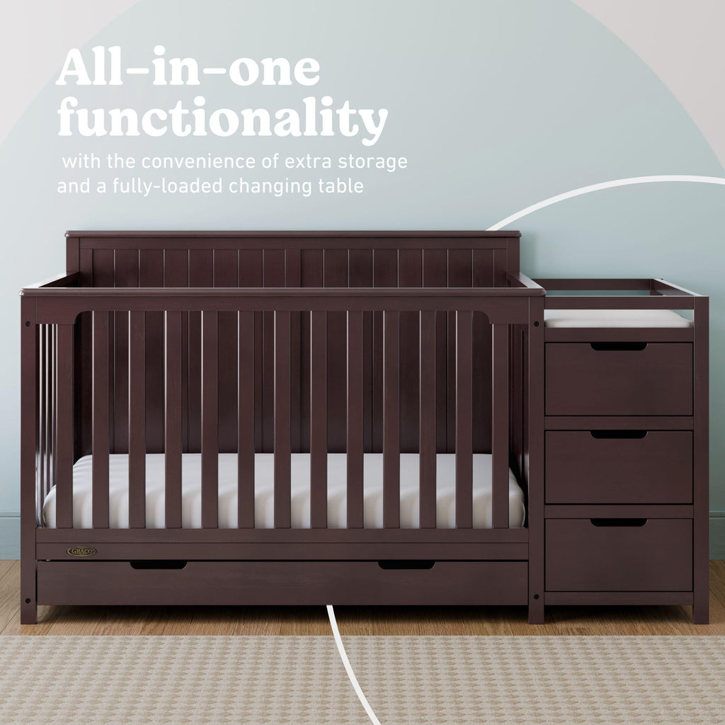 Graco Hadley 5-in-1 Convertible Crib & Changer – GREENGUARD Gold Certified, Fits Standard Crib Mattress, Converts to Toddler Bed and Full Bed, 4 Adjustable Mattress Heights (Espresso)