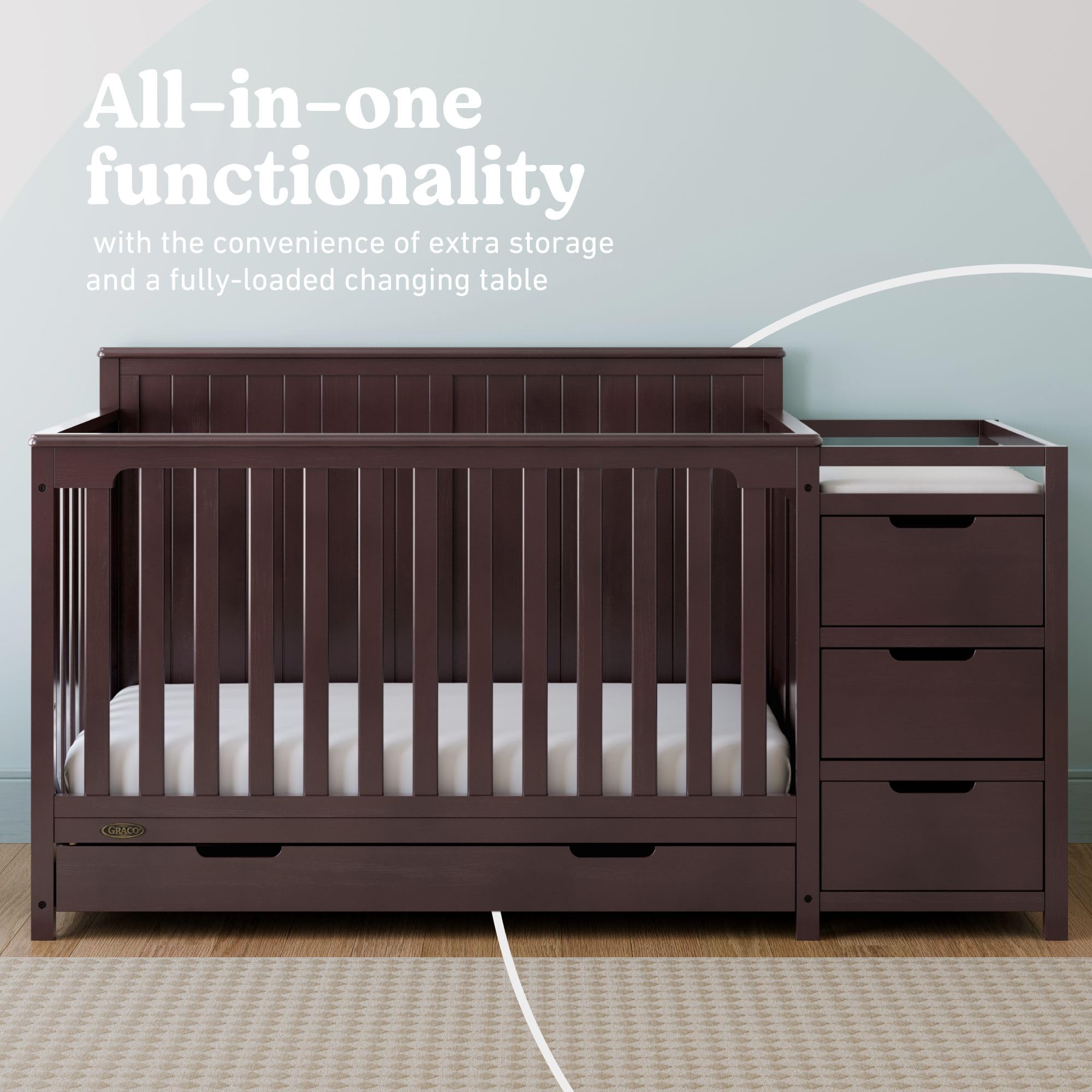 Graco Hadley 5-in-1 Convertible Crib & Changer – GREENGUARD Gold Certified, Fits Standard Crib Mattress, Converts to Toddler Bed and Full Bed, 4 Adjustable Mattress Heights (Espresso)