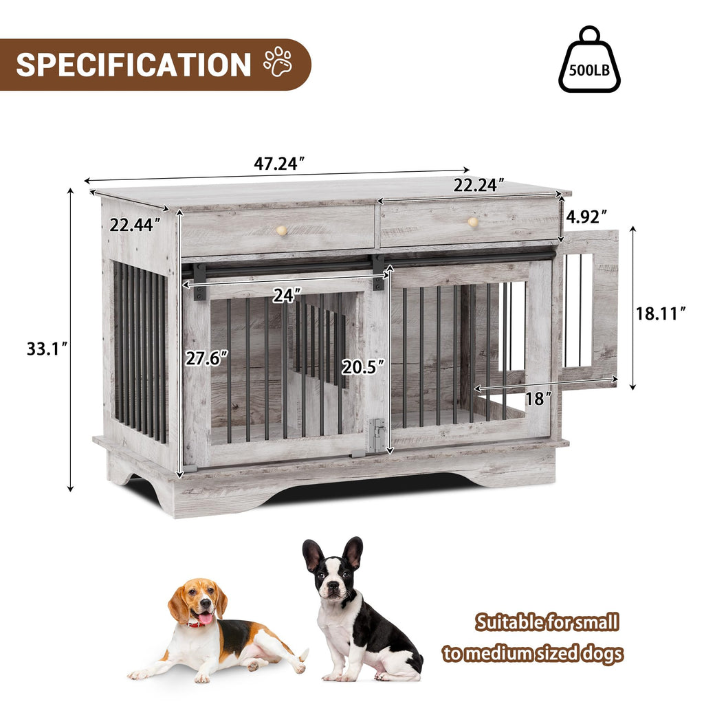 IDEALHOUSE 47'' Dog Crate Furniture,Indoor Wooden Dog Kennel with 2 Storage Drawers,4 Doors and Large Tabletop,Decorative Pet House for Large, Medium, and Small Dogs(Grey)