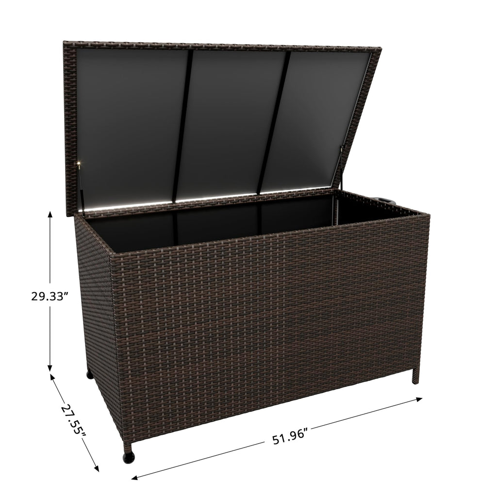 MilleLoom 185 Gallon Outdoor Storage Box with Wheels - Large Wicker Rattan Deck Box for Patio Cushions, Garden Tools, Pool Floats & Pillows, All-Weather Patio Furniture Storage, Brown