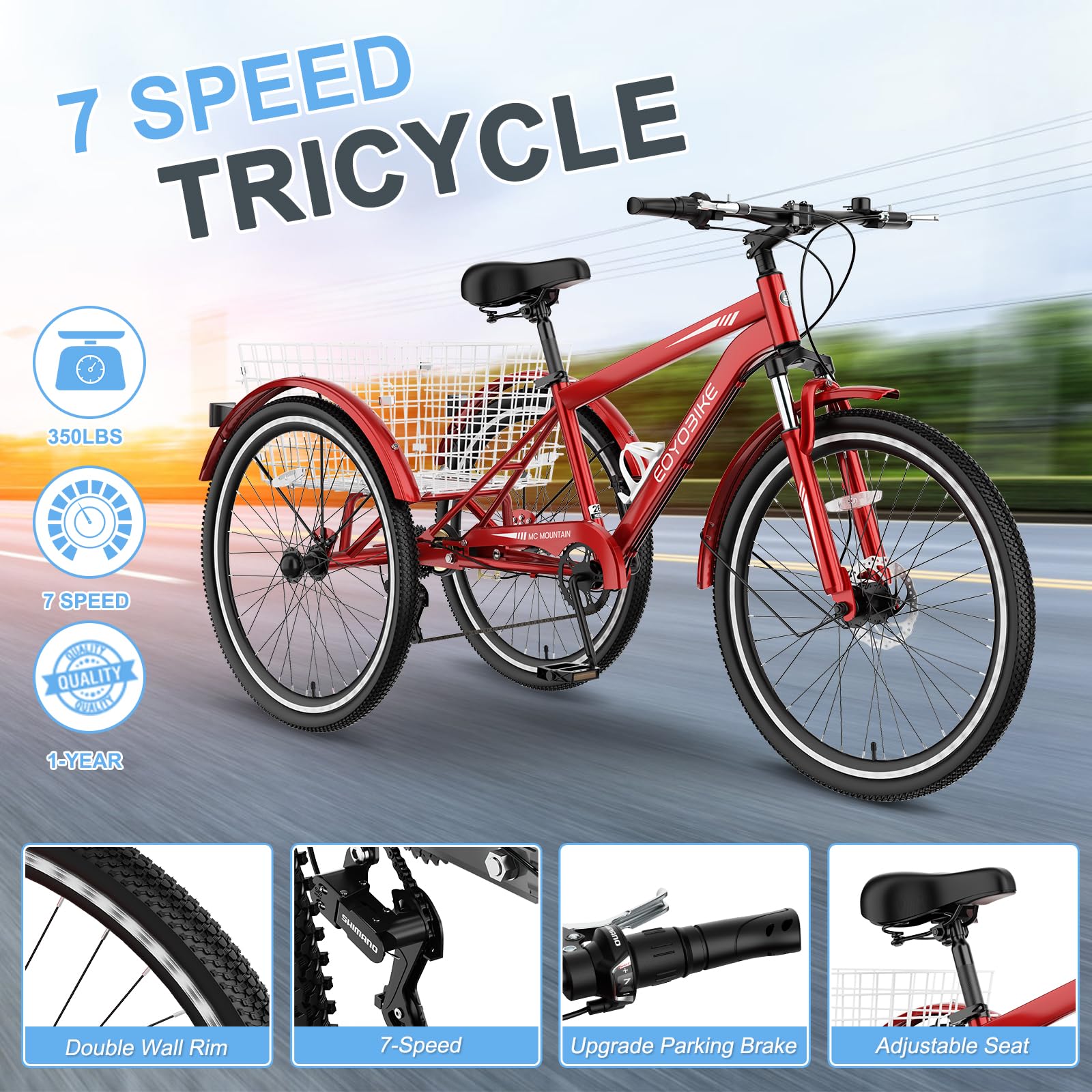 Slsy Adult Mountain Tricycle, 7 Speed Three Wheel Bike, 24/26 Inch Adults Trikes for Seniors with Shopping Basket, Exercise Men's Women's Tricycles