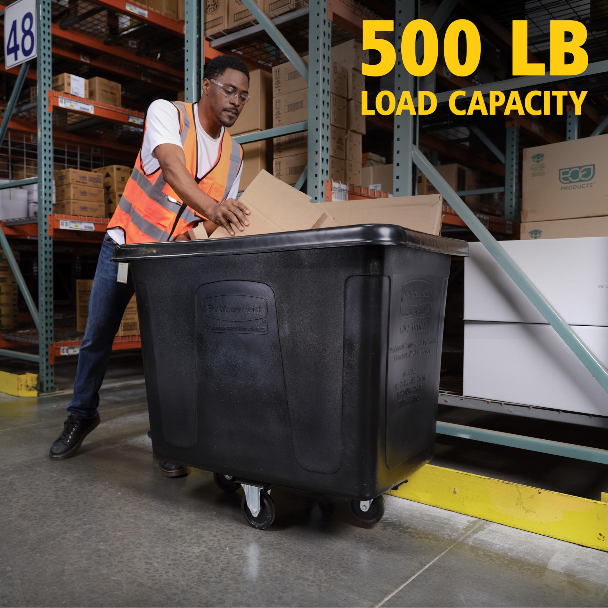 Rubbermaid Commercial Products Cube Basket Truck with Wheels/Casters, 500 lbs Capacity, Rectangular, Black, For Laundry/Waste/Trash/Heavy Materials
