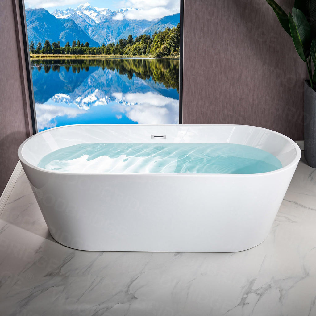 WOODBRIDGE 71" Acrylic Freestanding Bathtub Contemporary Soaking White Tub with Chrome Overflow and Drain,B1701-C