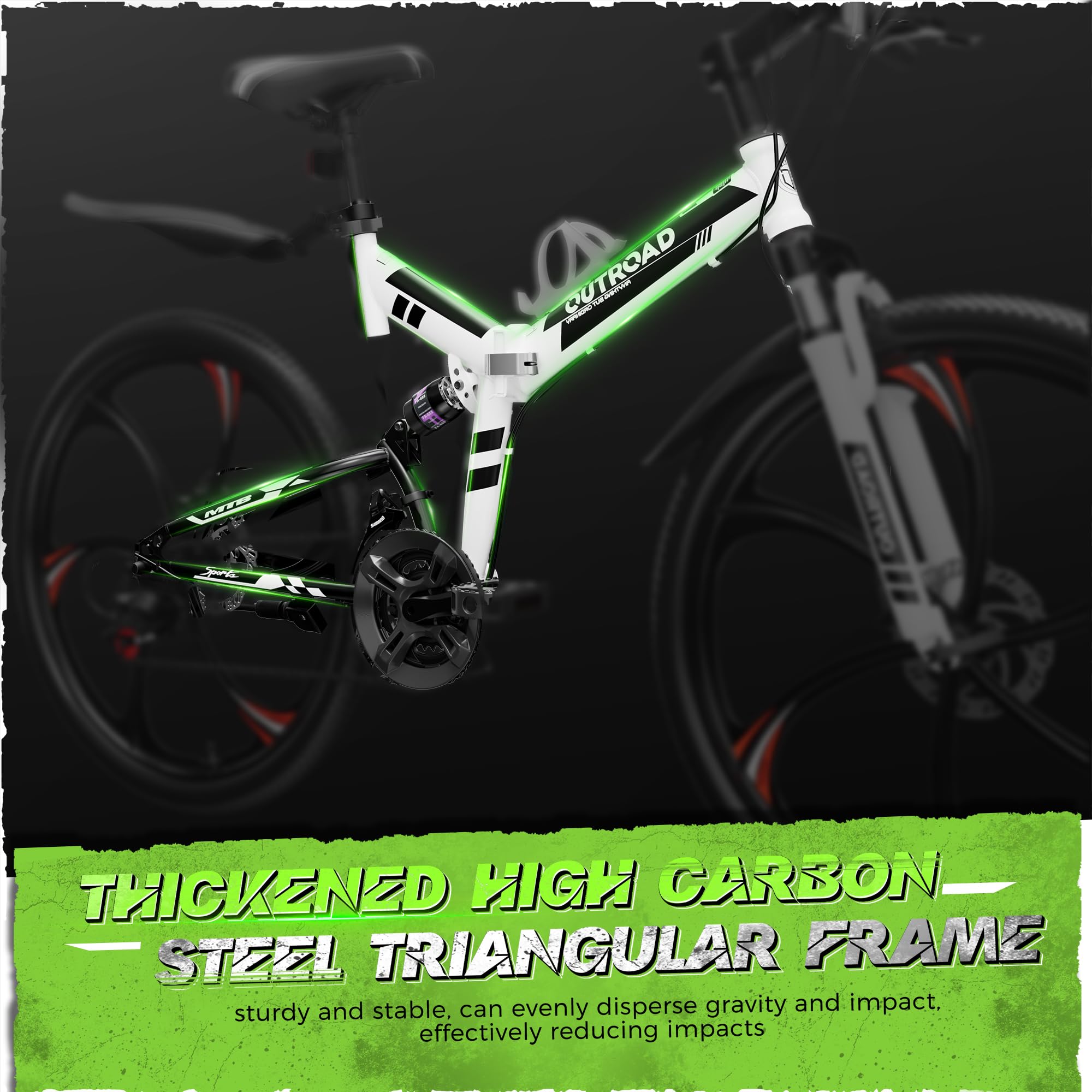 Outroad 26 Inch Folding Mountain Bike, 21 Speed Dual Disc Brake Non-Slip Folding Bikes, Full Suspension High-Carbon Steel MTB Foldable Bicycle for Adults/Women/Men, White