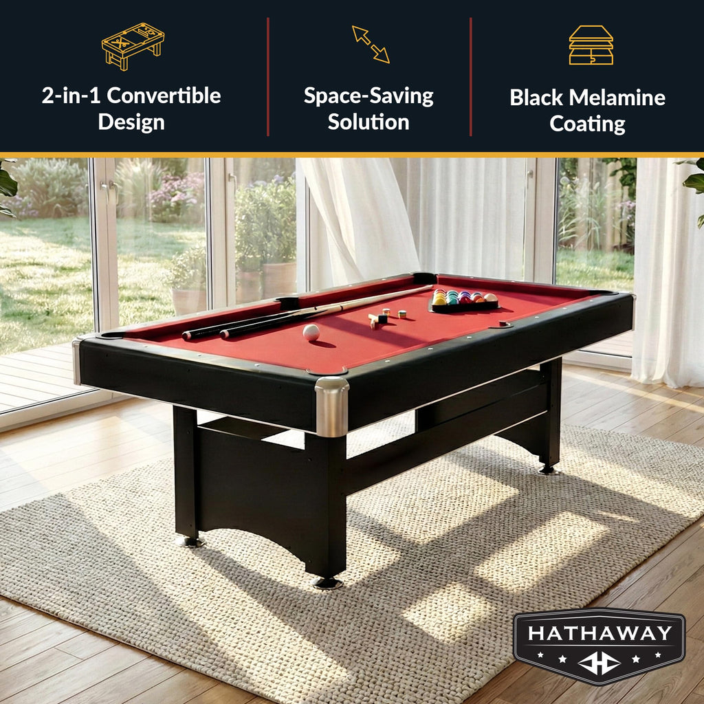 Hathaway Spartan 2-in-1 6ft Pool Table with Ping Pong Top for Game Room – With Red Felt, Engineered Wood Frame, Drop Pockets, Cues, Balls, Triangle, Chalk, Net, Paddles, Balls – Black Finish