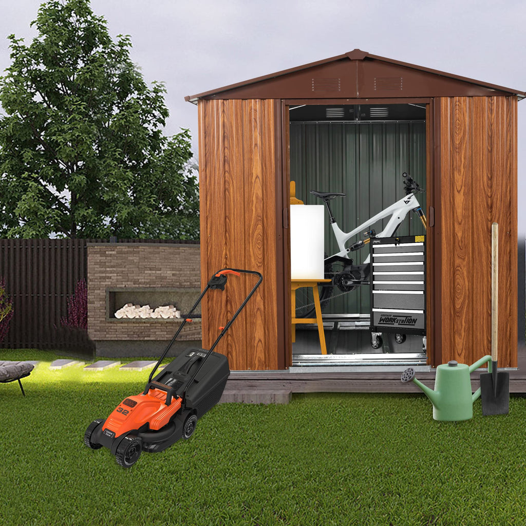 6 x 6 Ft Outdoor Metal Storage Shed with Woodgrain & Side Window, Accent Garden Shed w/Air Vents, Floor Base and Lockable Sliding Doors, Utility Tool Storage House for Backyard Lawn,Brown