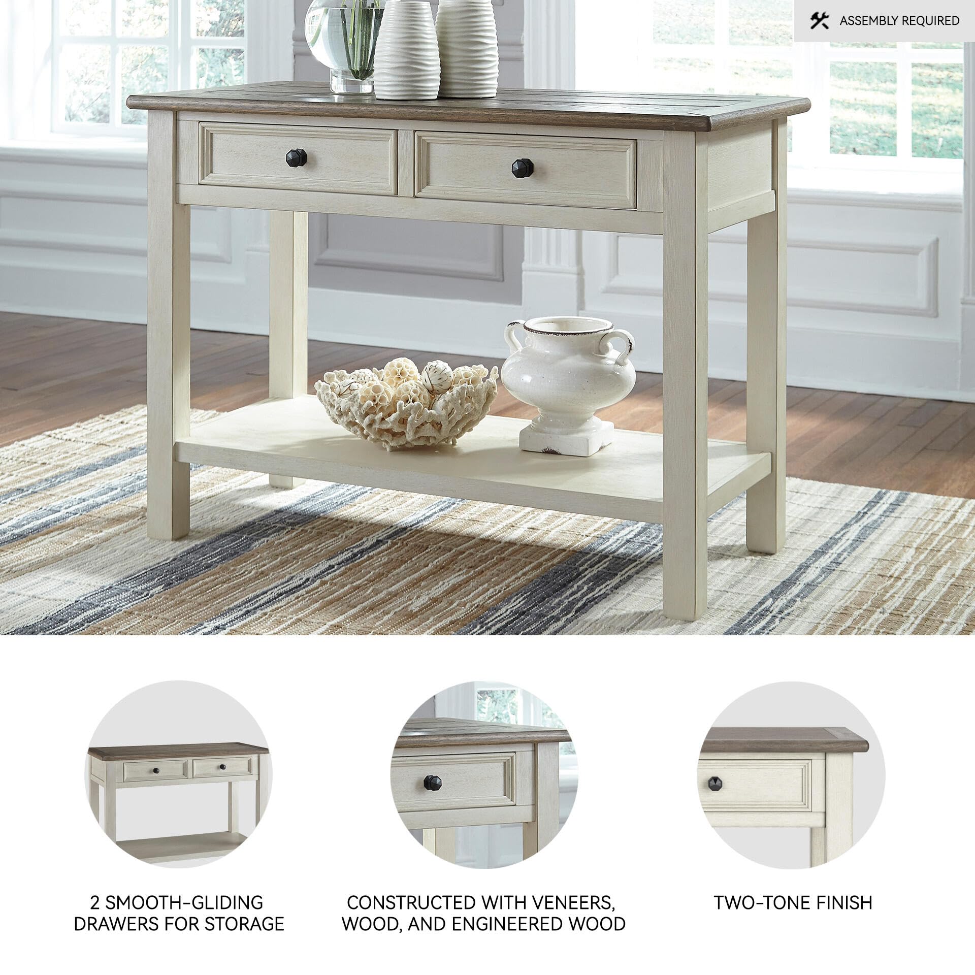 Signature Design by Ashley Bolanburg Sofa Table, Two‑Tone Wood Console With Drawers, Antique Finish With Metal Hardware, Ideal for Entryway or Living Room Display, Antique White