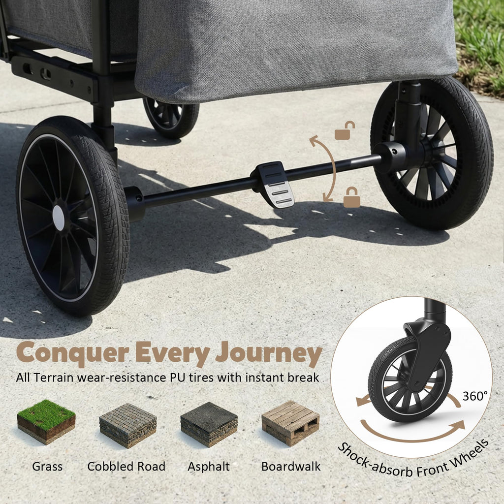 TODEFULL Wagon Stroller for 4 Kids, Foldable Kids Wagon Cart Featuring with Harnesses, Adjustable Double Push Handle, Removable Canopy, Snack Tray, Large Storage Bag