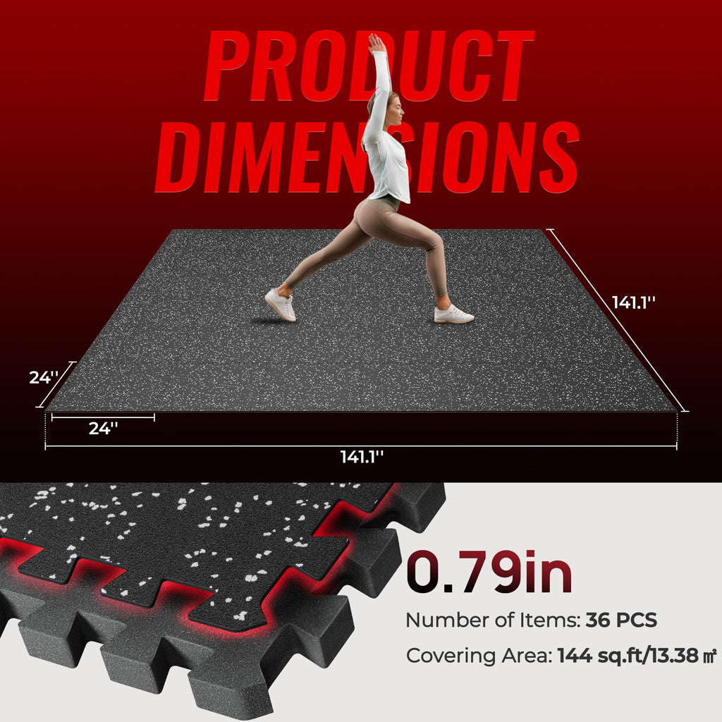 SUPERJARE 0.79'' Extra-Thick Exercise Equipment Mats, 36 Pcs 144 Sq Ft Rubber Top Floor Tiles with High Density EVA Foam, Interlocking Gym Flooring for Home Gym, Workout Mat, Black/Grey