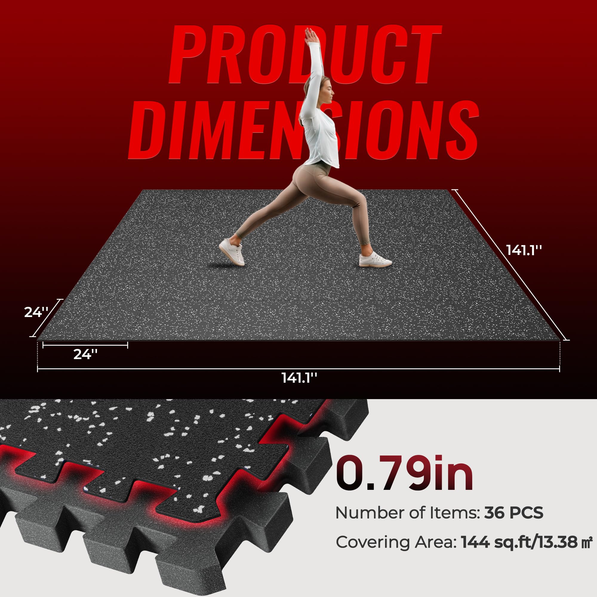 SUPERJARE 0.79'' Extra-Thick Exercise Equipment Mats, 36 Pcs 144 Sq Ft Rubber Top Floor Tiles with High Density EVA Foam, Interlocking Gym Flooring for Home Gym, Workout Mat, Black/Grey