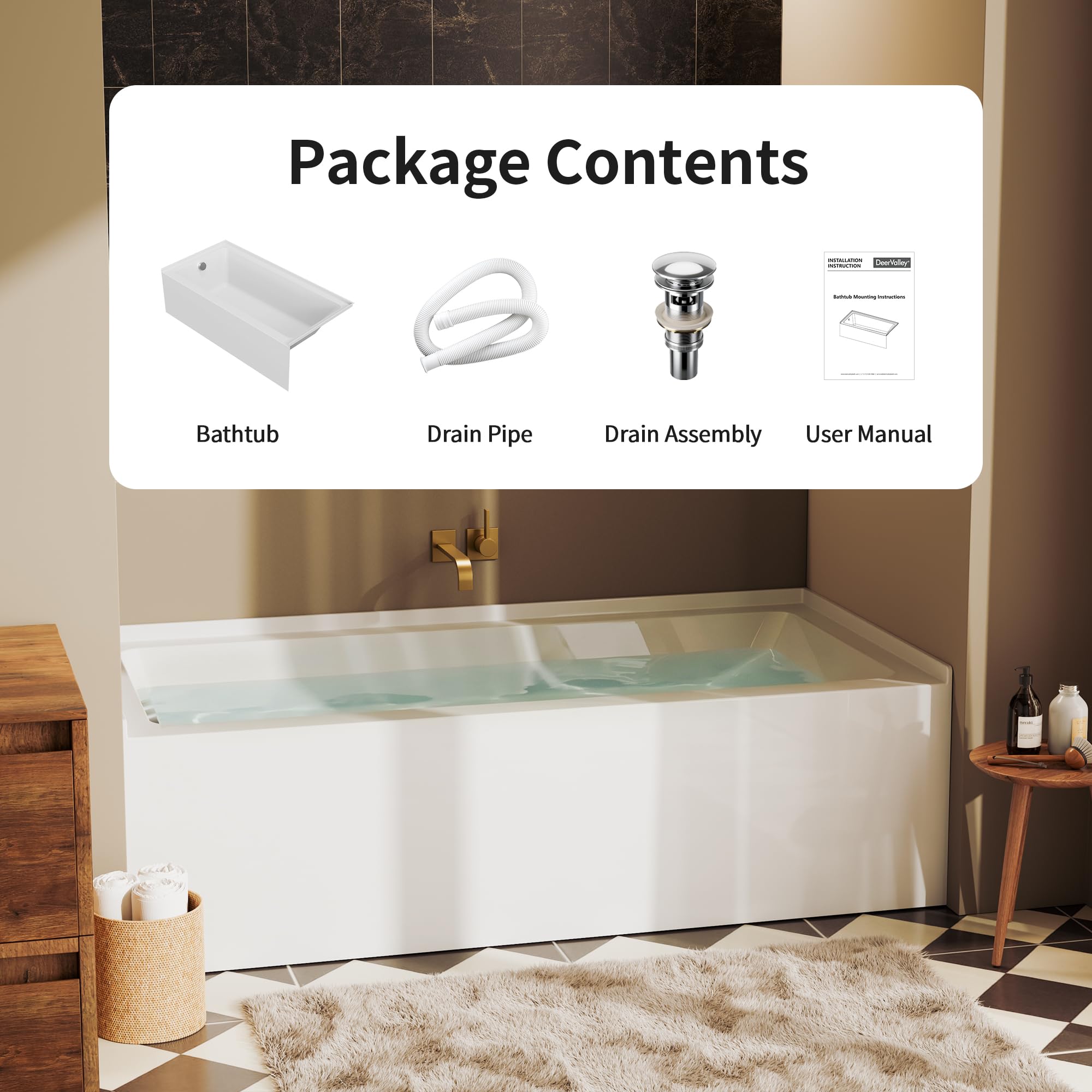 DeerValley 60" x 30" Alcove Acrylic Bathtub, Left Drain Integrated Apron Soaking Bath Tub, Ergonomic Deep Soak Tub with Pop-Up Drain and Integrated Overflow System, White, DV-1T0195L