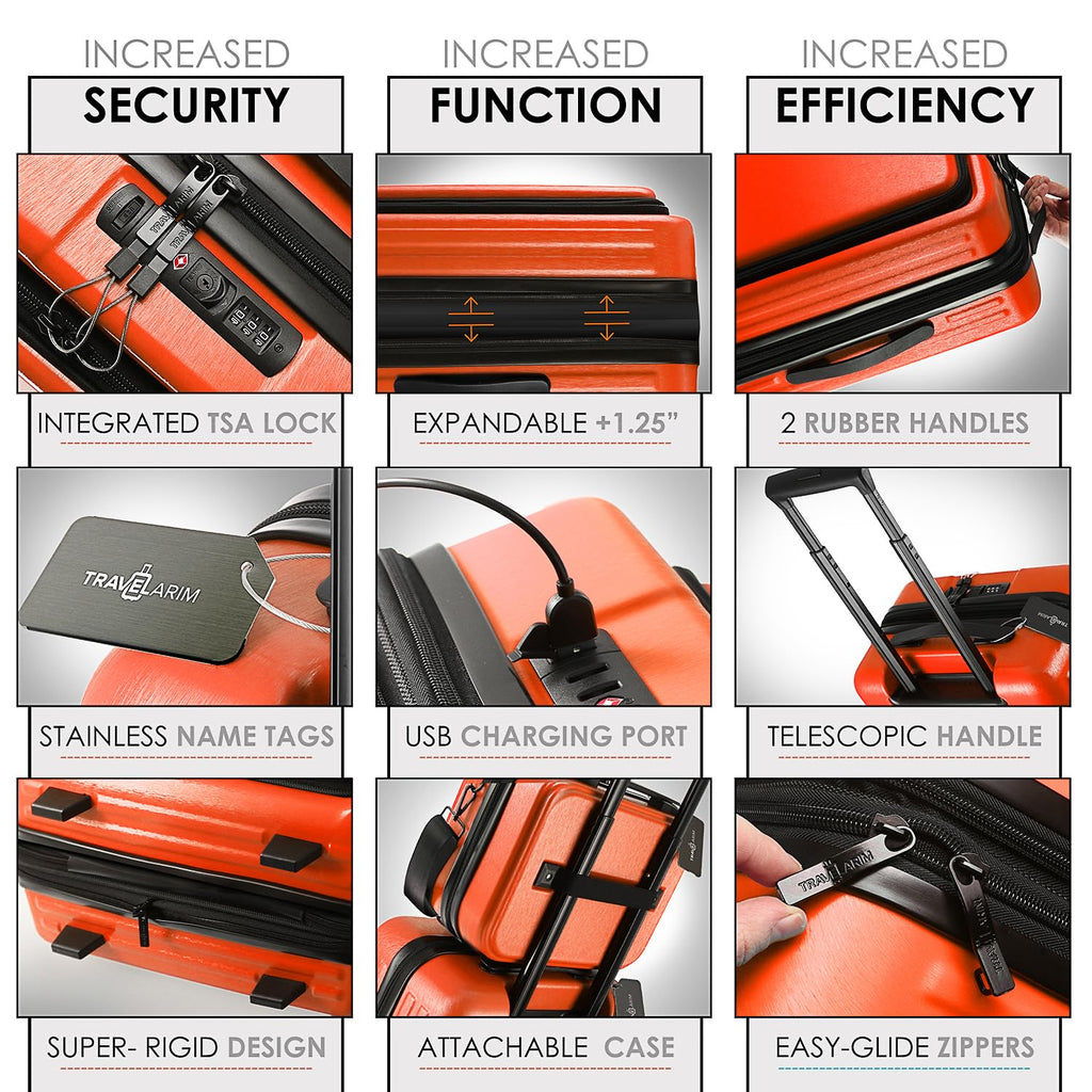 TRAVELARIM Orange Hardshell Luggage Sets 4 Piece, Durable Suitcase Set, Travel Luggage Set with Integrated TSA Lock, 360° Spinner Wheels, Expandable Medium and Large Checked Suitcase, 20/24/28 Inch