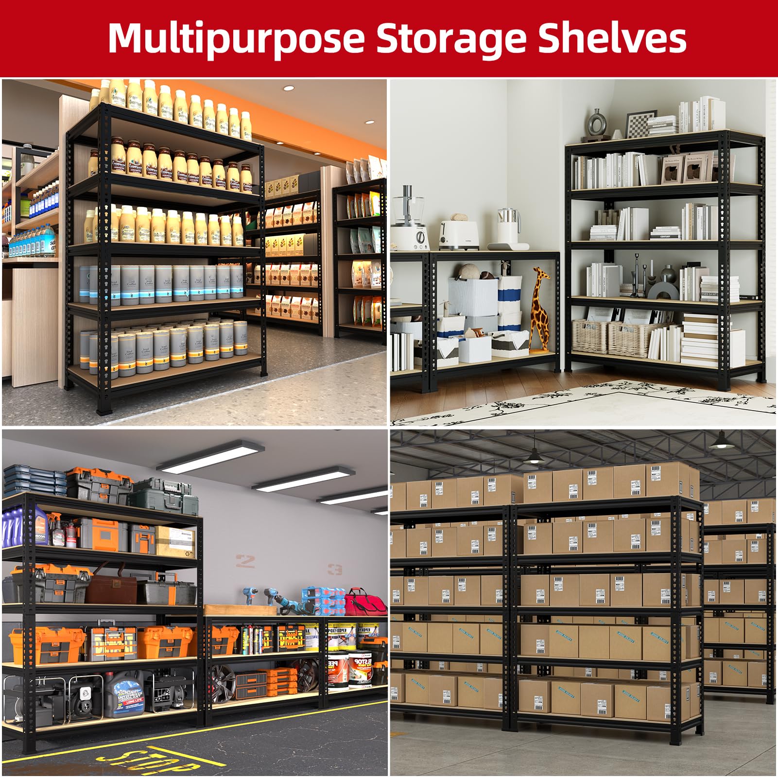PrimeZone Heavy Duty Garage Storage Shelves, 31.5" W x 16" D x 63" H Adjustable Gargae Shelving, 5 Tier Metal Shelving Unit, Storage Shelf Utility Rack Organizer for Garage, Warehouse, Black, 4 Pack