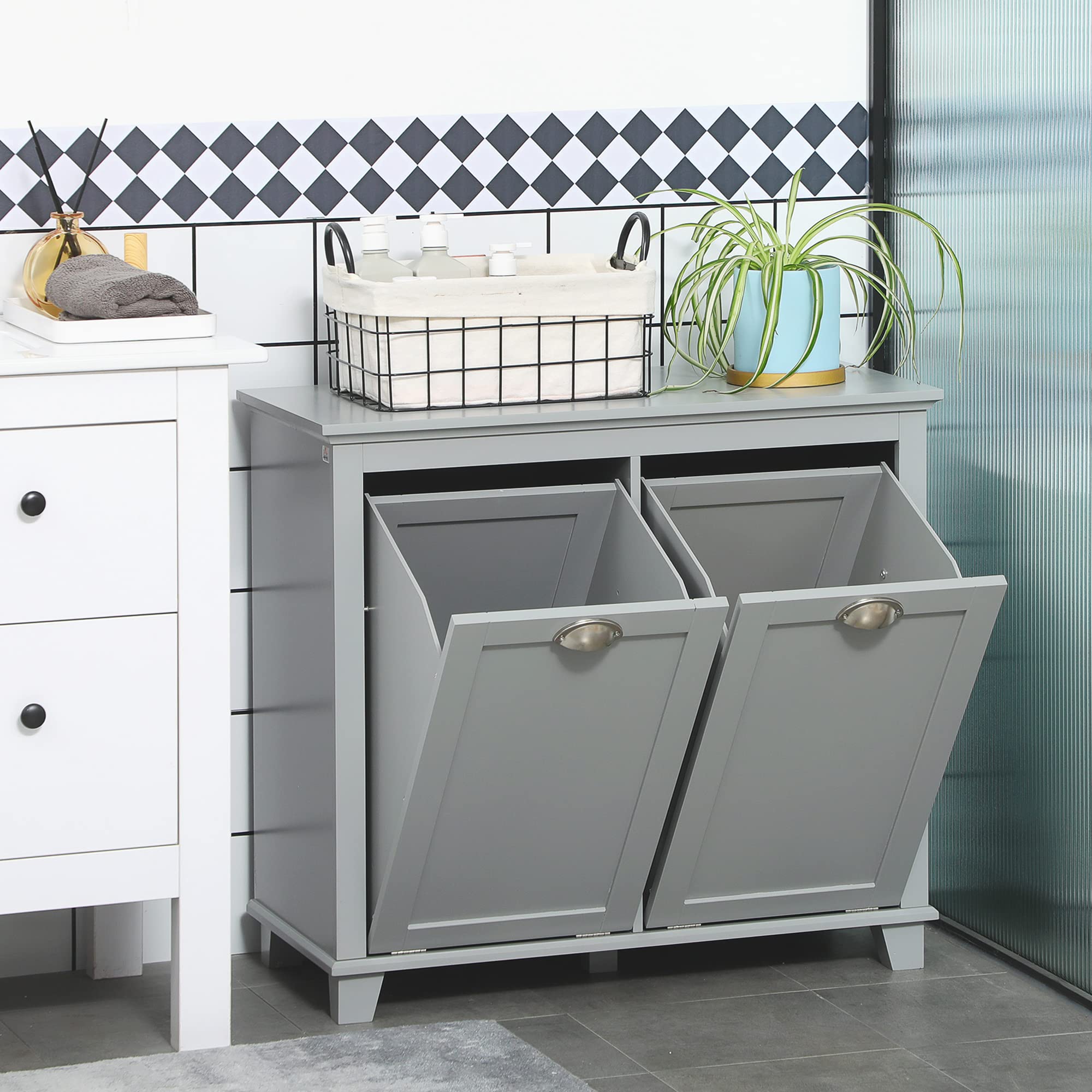 Tilt-Out Laundry Sorter Cabinet, Bathroom Storage Organizer with Two-Compartment Tilt-Out Hamper, Gray