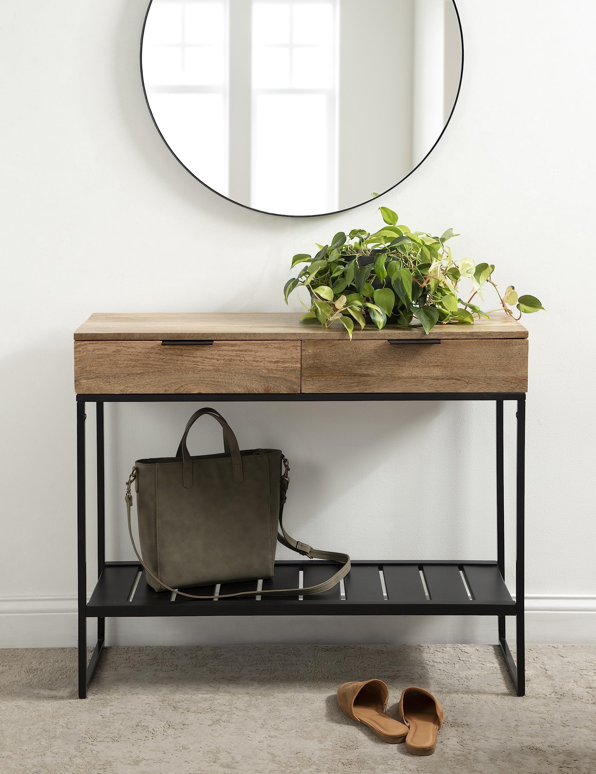 Kate and Laurel Malone Modern Wooden Console Table with Metal Shelf, 36 x 13 x 31, Natural Brown and Black, Transitional Wood Entryway Table with Storage Shelf Below
