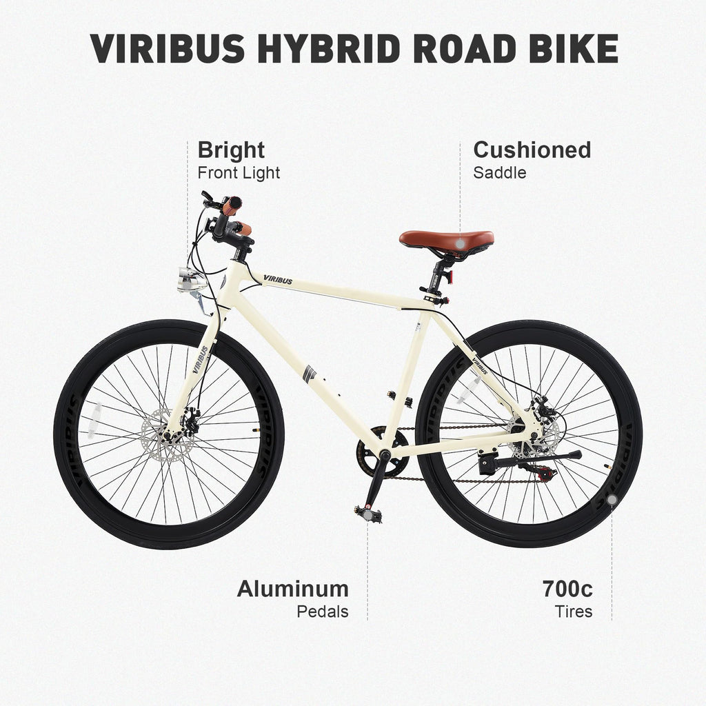 VIRIBUS Hybrid Bikes, 28 inch Mens Bike with Lightweight Aluminum Frame & Disc Brakes, 700C Bikes for Tall Men, 7 Speed Vintage Retro Hybrid Bicycles for City Commuters, Mens Road Bike Cream