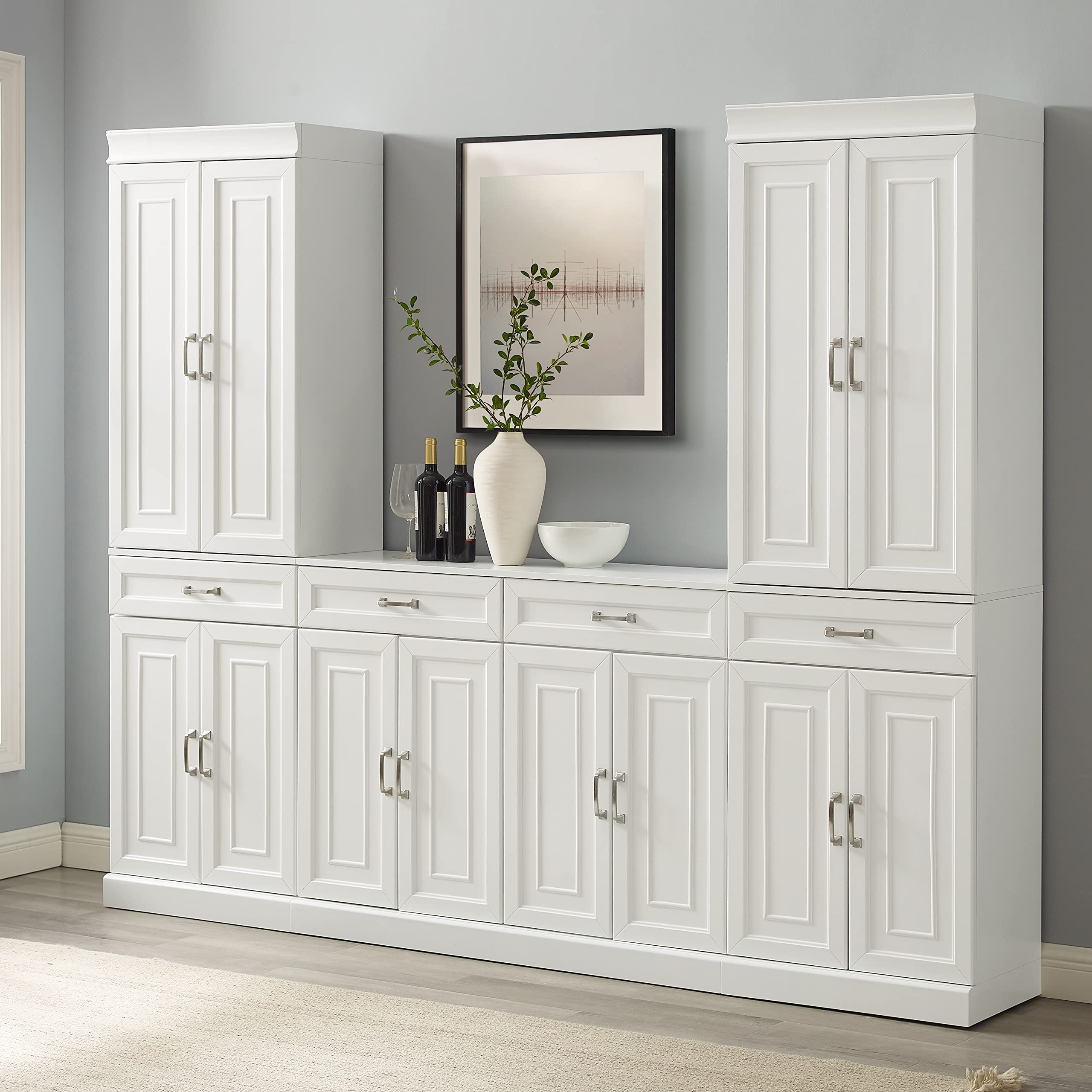 Crosley Furniture Stanton 3-Piece Traditional Sideboard Buffet Cabinet and Kitchen Storage Pantry Set, White