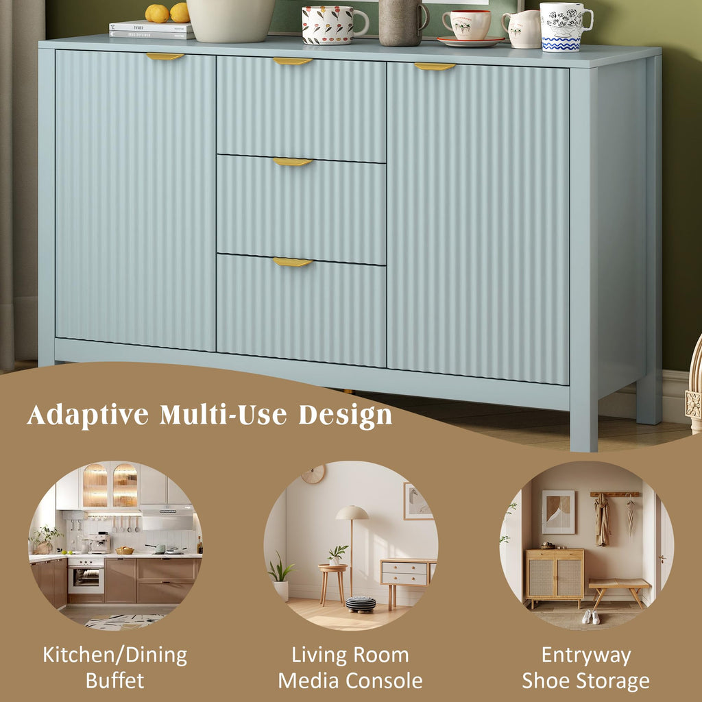 GDFStudio 47.2" Modern Buffet Cabinet with 3 Drawers & Adjustable Shelves, Wave Pattern Sideboard Cabinet with Doors, Coffee Bar Cabinet Credenza Storage Cabinet for Dining Room Living Room, Cyan