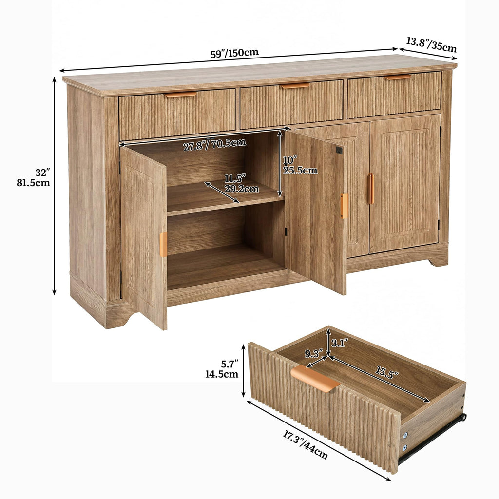 YITAHOME 59" Fluted Sideboard Buffet Cabinet with Storage, Wood Kitchen Storage Cabinet with Adjustable Shelves & Drawers, Mid Century Modern Credenza for Kitchen, Living Room, Entryway (Natural Oak)