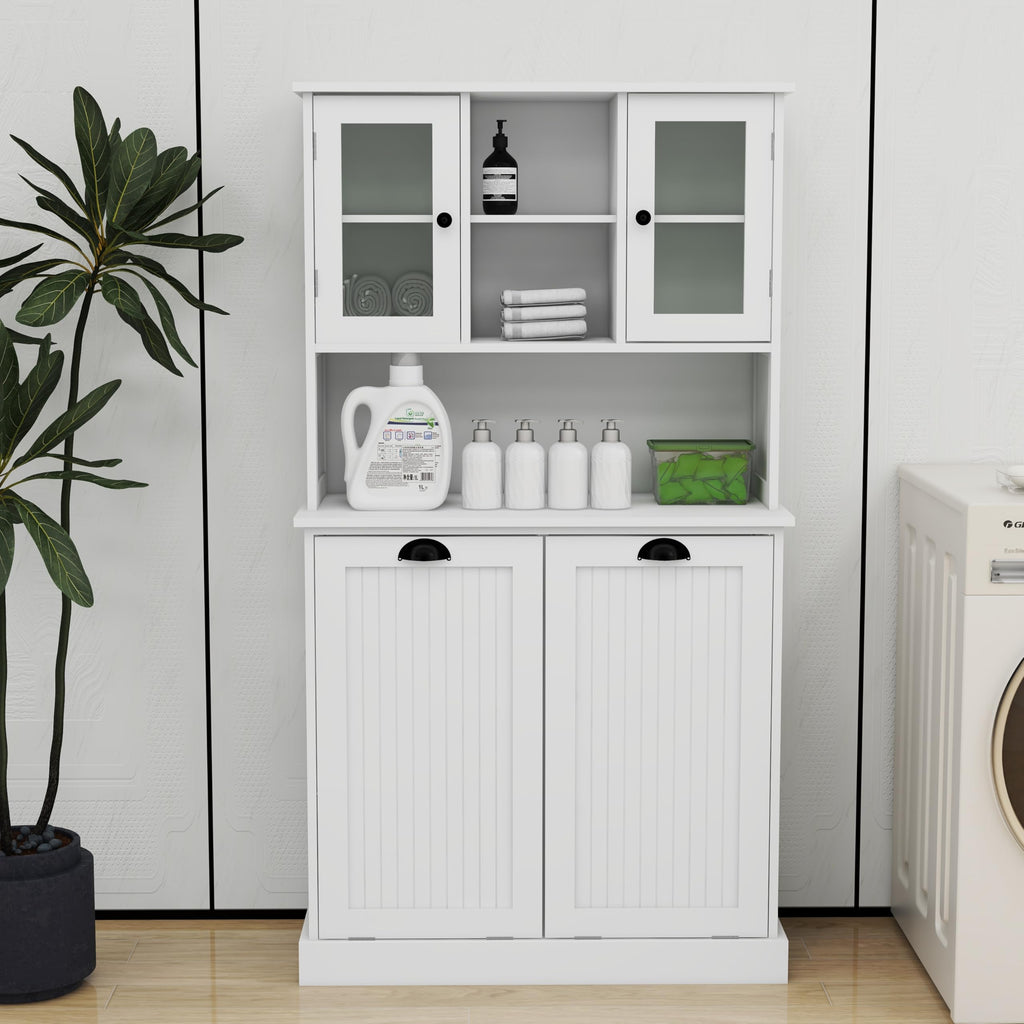 agnixnaf Two-Compartment Tilt-Out Dirty Laundry Basket Tall Bathroom Cabinet with 2 Adjustable Shelves-White