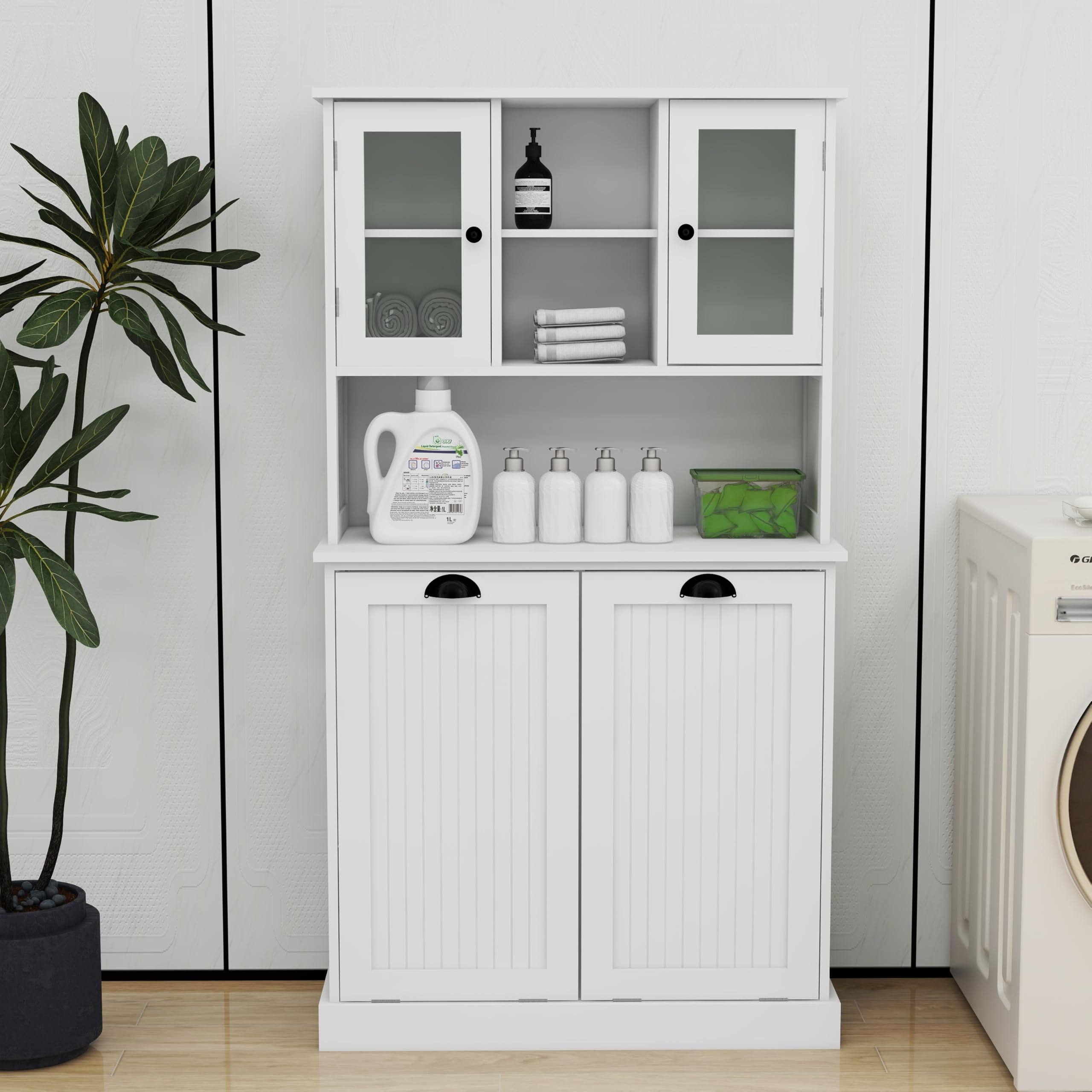 Gecheer Two-Compartment Tilt-Out Dirty Laundry Basket Cabinet - Space-Saving and Functional Storage Cabinet Organizer, Storage Unit Shelves, for Bathroom Living Room Dining Kitchen YJXW1120S00001
