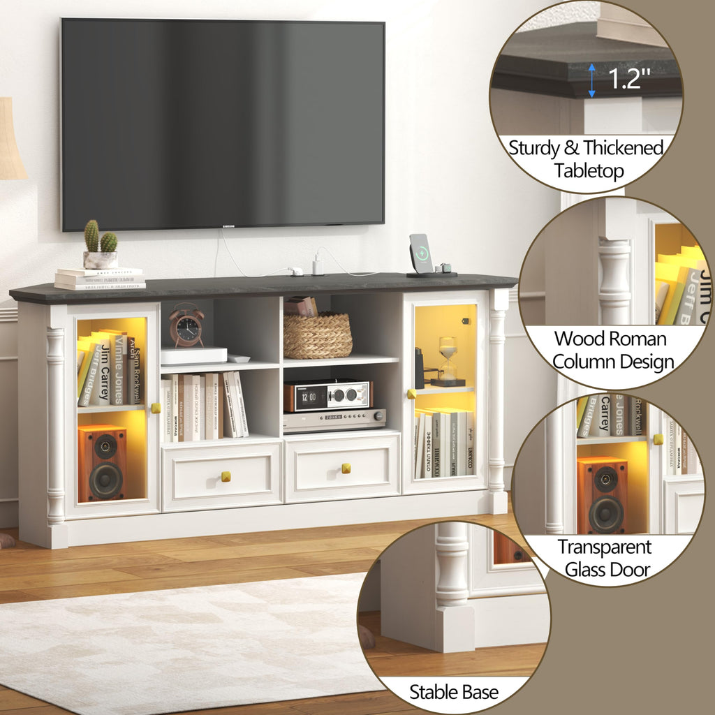 Corner TV Stand for 55 60 65 Inch TVs, Farmhouse Entertainment Center with 2 Storage Drawers and 2 Display Cabinet & Power Outlet and LED Lights, Wood TV Console Table for Living Room, Bedroom, White