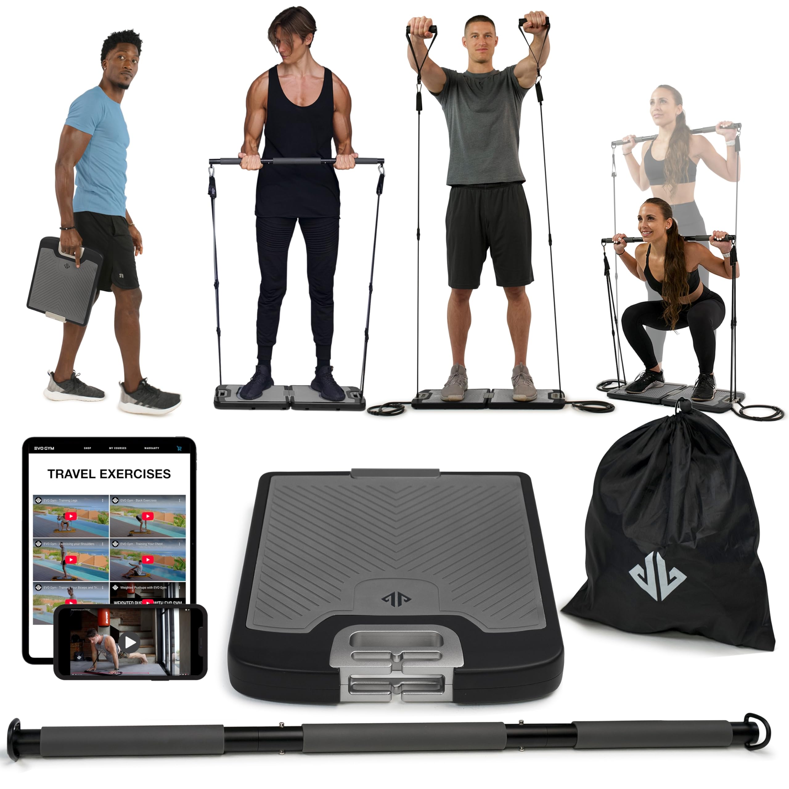 EVO Gym - Portable Home Gym Strength Training Equipment, At Home Gym | All in One Gym - 10 Resistance Bands, Base Holds Gym Bar & Handles for Travel | Portable Gym & Home Exercise Equipment | 320LBS
