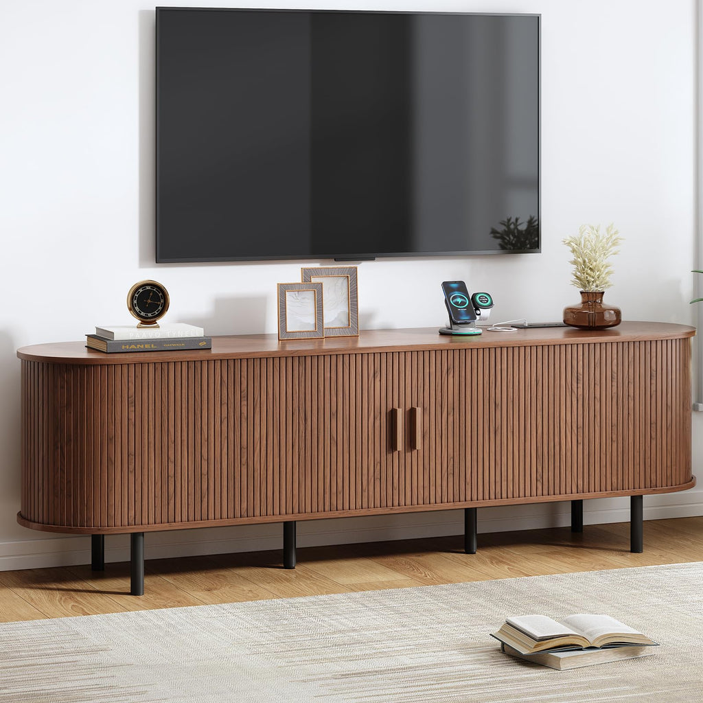 70.8" TV Stand with Power Outlet, Mid-Century Modern Television Stand, Fluted Media Console with Sliding Doors, Entertainment Center for TVs up to 60 Inch, Adjustable Shelves, Walnut