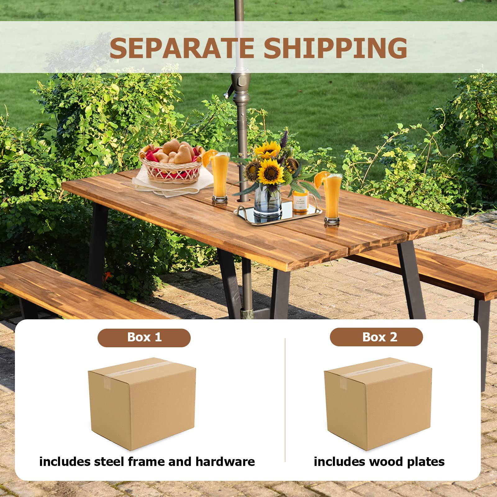S AFSTAR 70" Outdoor Picnic Table, Heavy Duty Wooden Table and Bench Set with Umbrella Hole, All-Weather Acacia Wood Picnic Tables for 6, Garden, Backyard, Porch, Patio