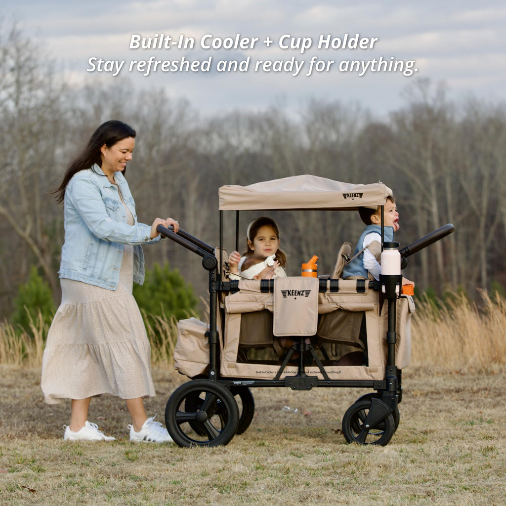 Keenz MOOV 4-Passenger All-Terrain Stroller Wagon with Reclining Seats, Built-in Cooler, Push/Pull Handle, Rubber Wheels, and Activity Tray – Foldable Wagon for Four Kids, Mocha