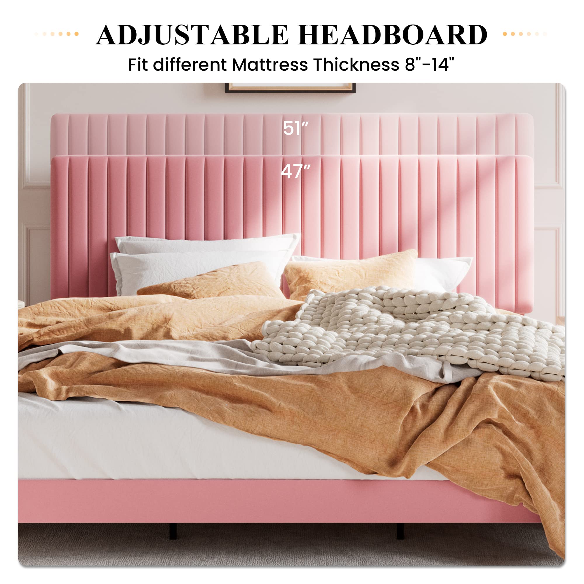 SHA CERLIN King Upholstered Platform Bed Frame with Adjustable Headboard/Vertical Channel Tufted Velvet Fabric/Wooden Slats Support/Mattress Foundation/Box Spring Optional/Pink