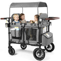 Kinder King Wagon Stroller for 4 Kids, All-Terrain Foldable Outdoor Stroller Wagon 4 Seater, Removable Canopy, Adjustable Handle, Detachable Tray, Large Storage, Grey