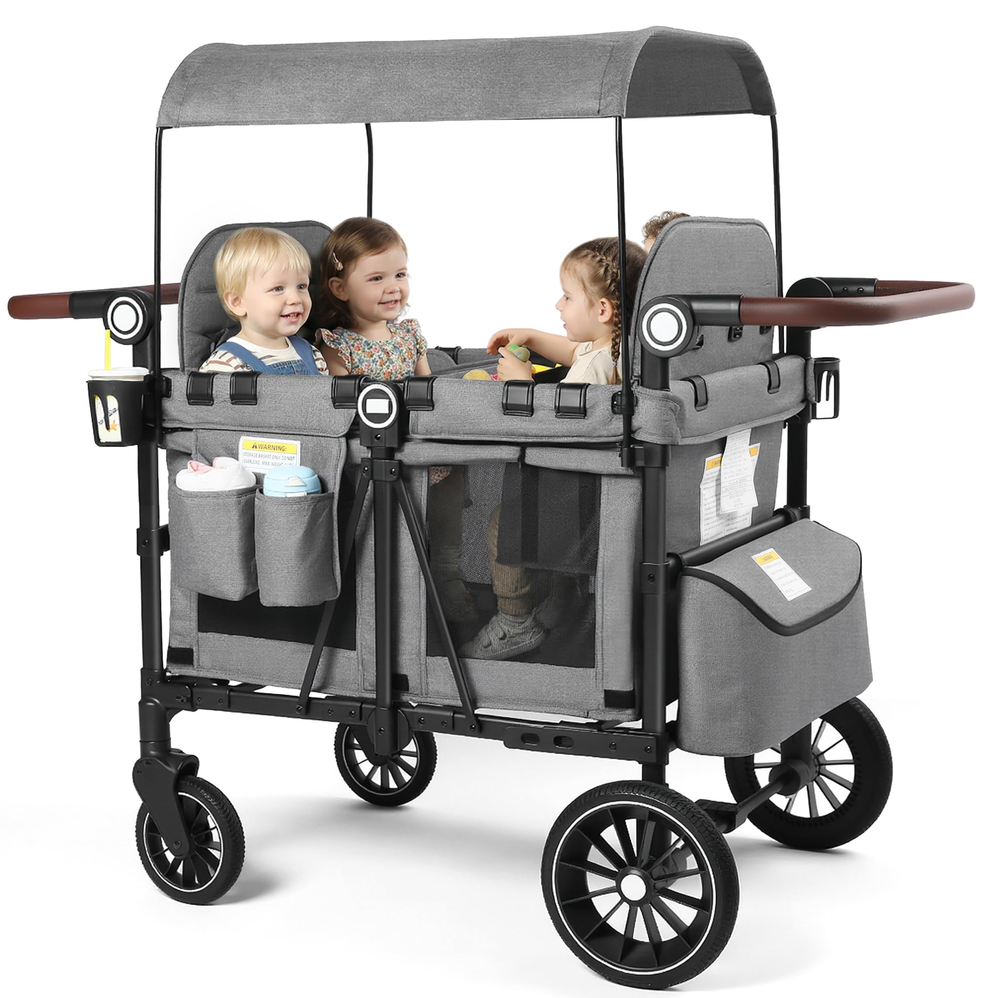 Kinder King Wagon Stroller for 4 Kids, All-Terrain Foldable Outdoor Stroller Wagon 4 Seater, Removable Canopy, Adjustable Handle, Detachable Tray, Large Storage, Grey