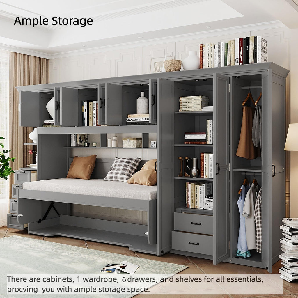 Merax Twin Size Murphy Bed with Desk, Multifunctional Wood Foldable Wall Bed with Wardrobe, Drawers and Cabinet, Space-Saving Hidden Bed for Guest Room Office, No Box Spring Needed, Grey
