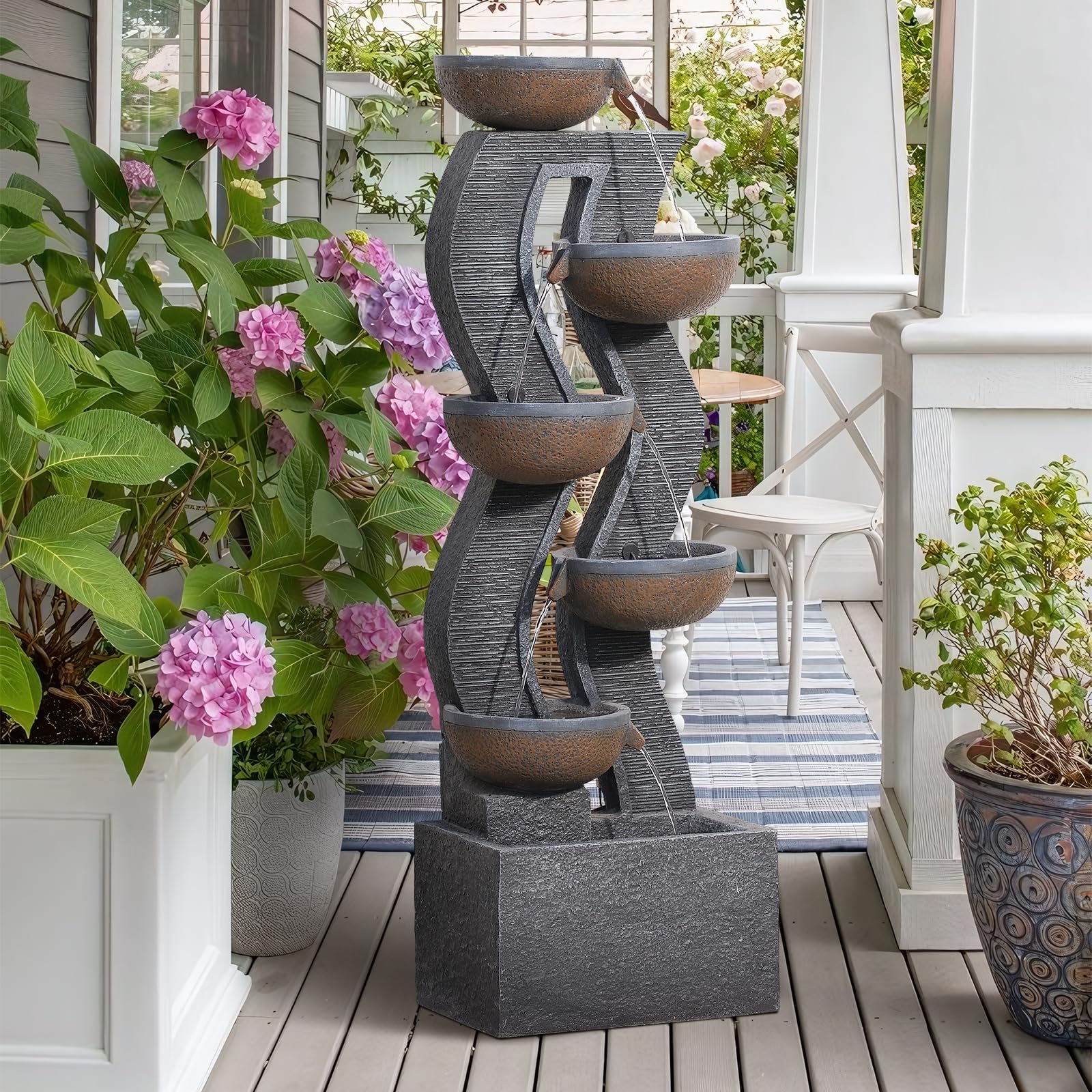 Takamota 52.8" Tall Outdoor Water Fountain with Lights, 6-Tier Cascading Resin Waterfall Feature for Porch, Garden, Yard, Deck, Patio – Large Freestanding Outdoor Fountain and Waterfall Outside Decor
