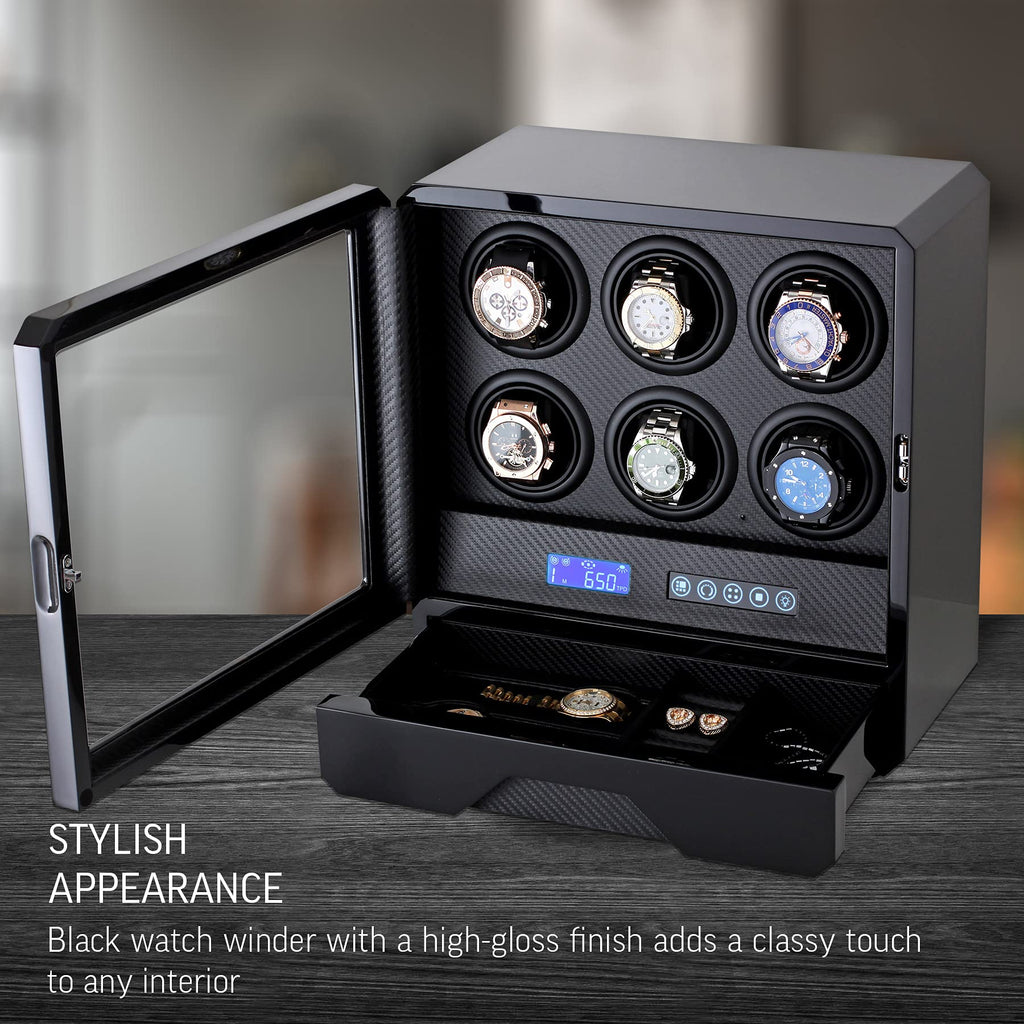 6 Watch Winder with LED Light, LCD Display and Storage Drawer