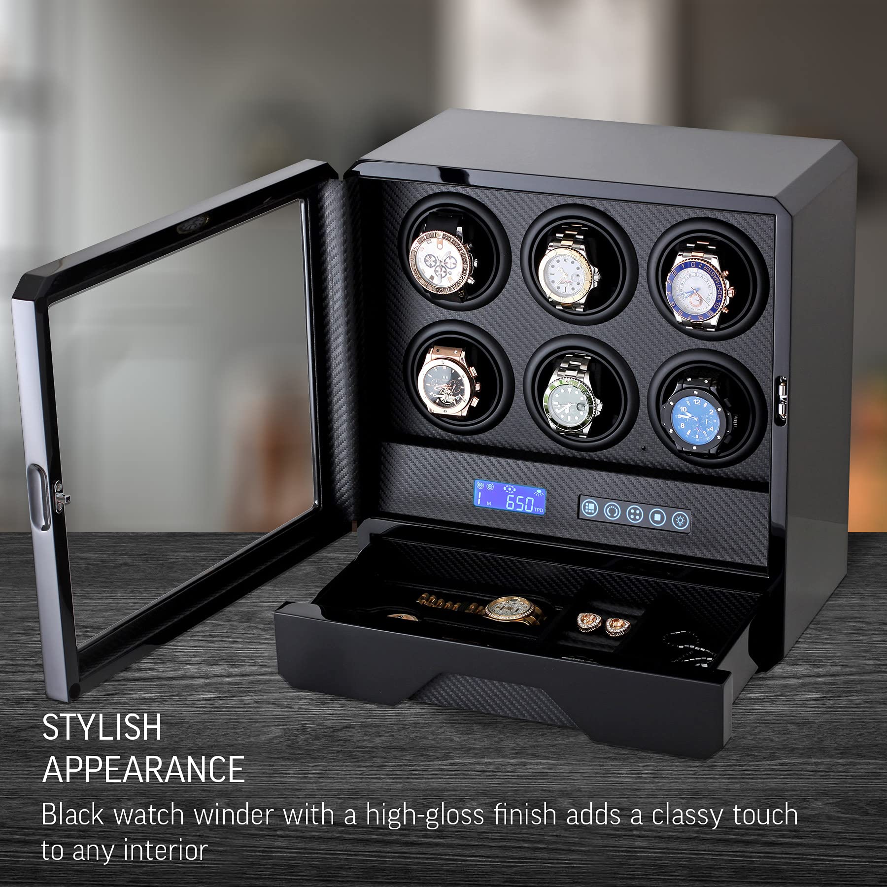 6 Watch Winder with LED Light, LCD Display and Storage Drawer