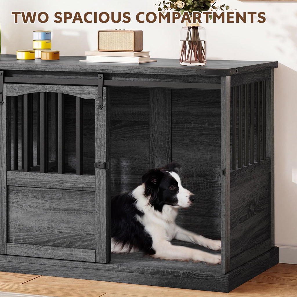 Homiflex Double Dog Crate Furniture with Barn Sliding Doors, 72" Large Dog Kennel Furniture Indoor with Divider for 2 Medium Large Dogs, Heavy Duty Wooden Dog Cage Decorative TV Stand, Grey