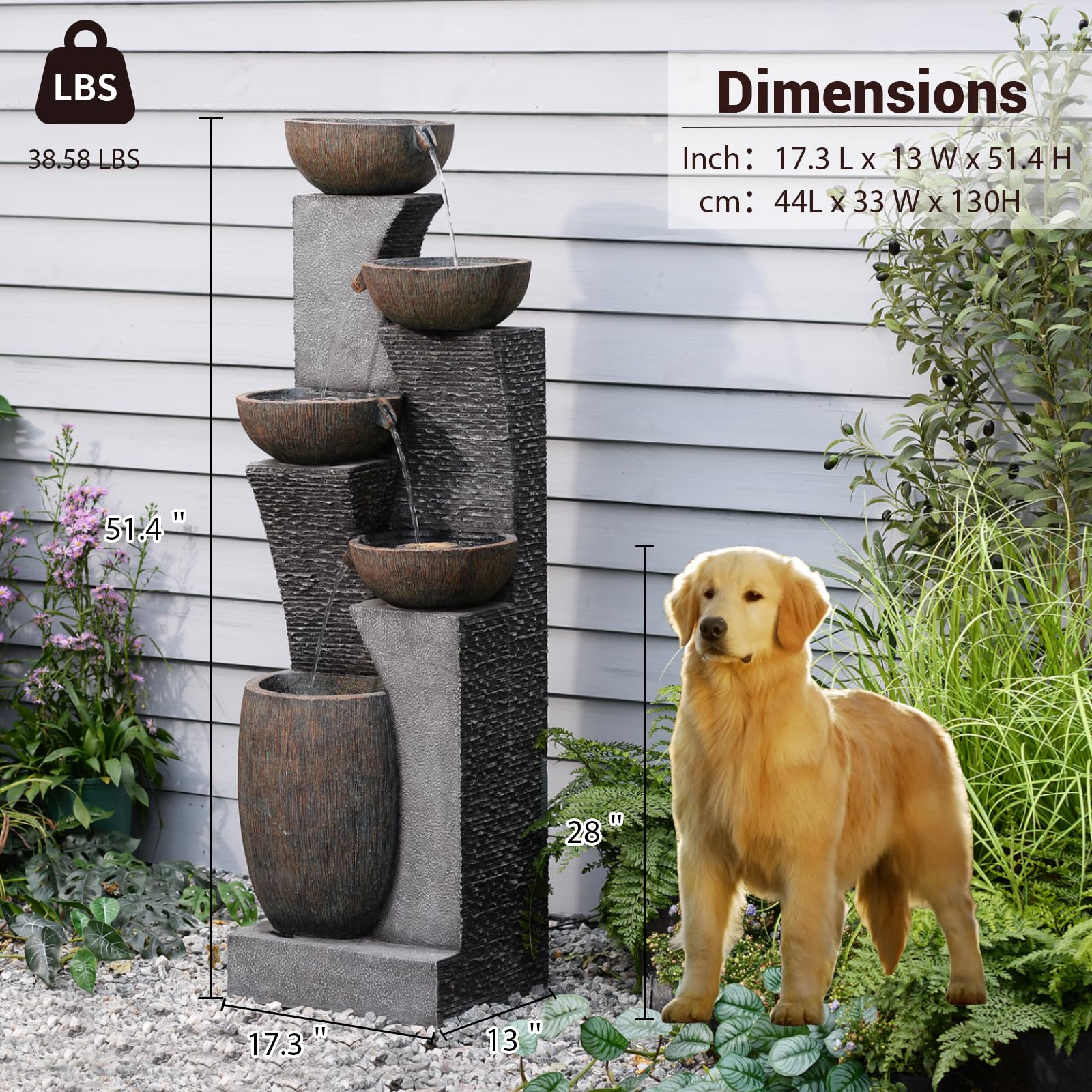 Bumilgar 51.4" H Outdoor Garden Water Fountain for Garden, Patio, Backyard, Deck, Porch and Home Art Decor, 5 Tiers Modern Cascading Large Outdoor Fountain with Lights