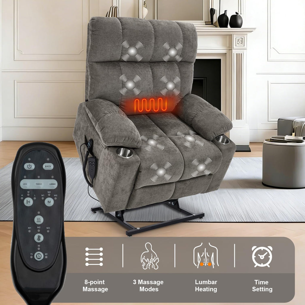 RHHVVR Oversized Recliner Electric Lift Chair, Power Lift Recliner for Big and Tall, 180° Lay-Flat and Assisted Standing, Extra Large Sofa with 8-Point Massage & Heating, Medium-Soft, Gray