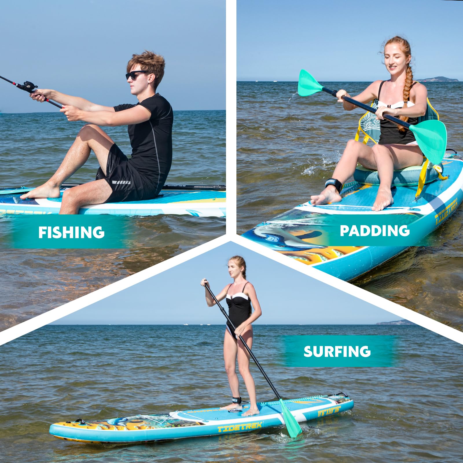 TIDETREK 11'/11'6" x 33"/34" x 6" Inflatable SUP Paddle Board – Extra-Wide, Stable Stand Up Paddle Board with Premium Full Accessory Set for Adults & Youth (Azure Leap/Kayak Seat, 11'6"x33"x6")