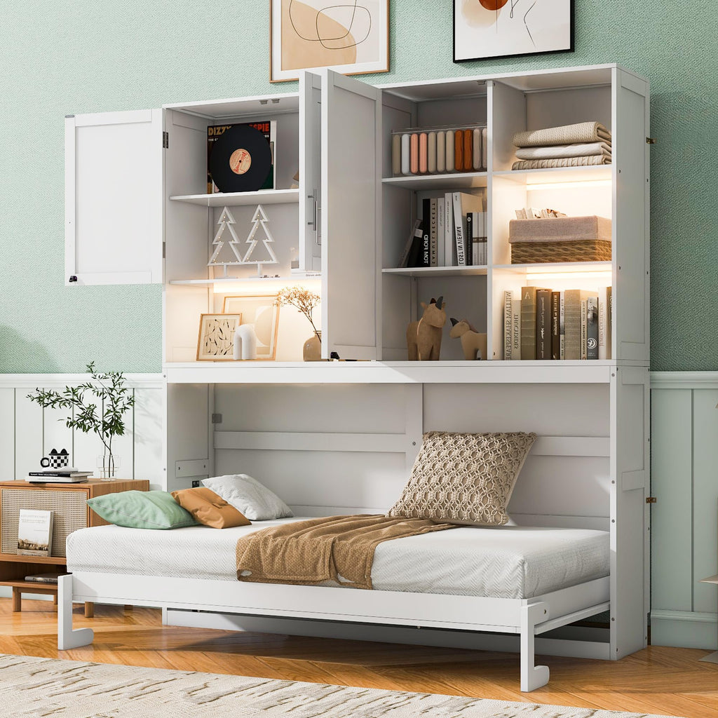 Ball & Cast Twin Size Murphy Bed,Foldable Wall Bed with Top Cabinet,Storage Shelves,Hidden Cabinet Bed Frame with Led Light and USB Port for Bedroom,Guest Room,Space Saving,No Box Spring Needed,White