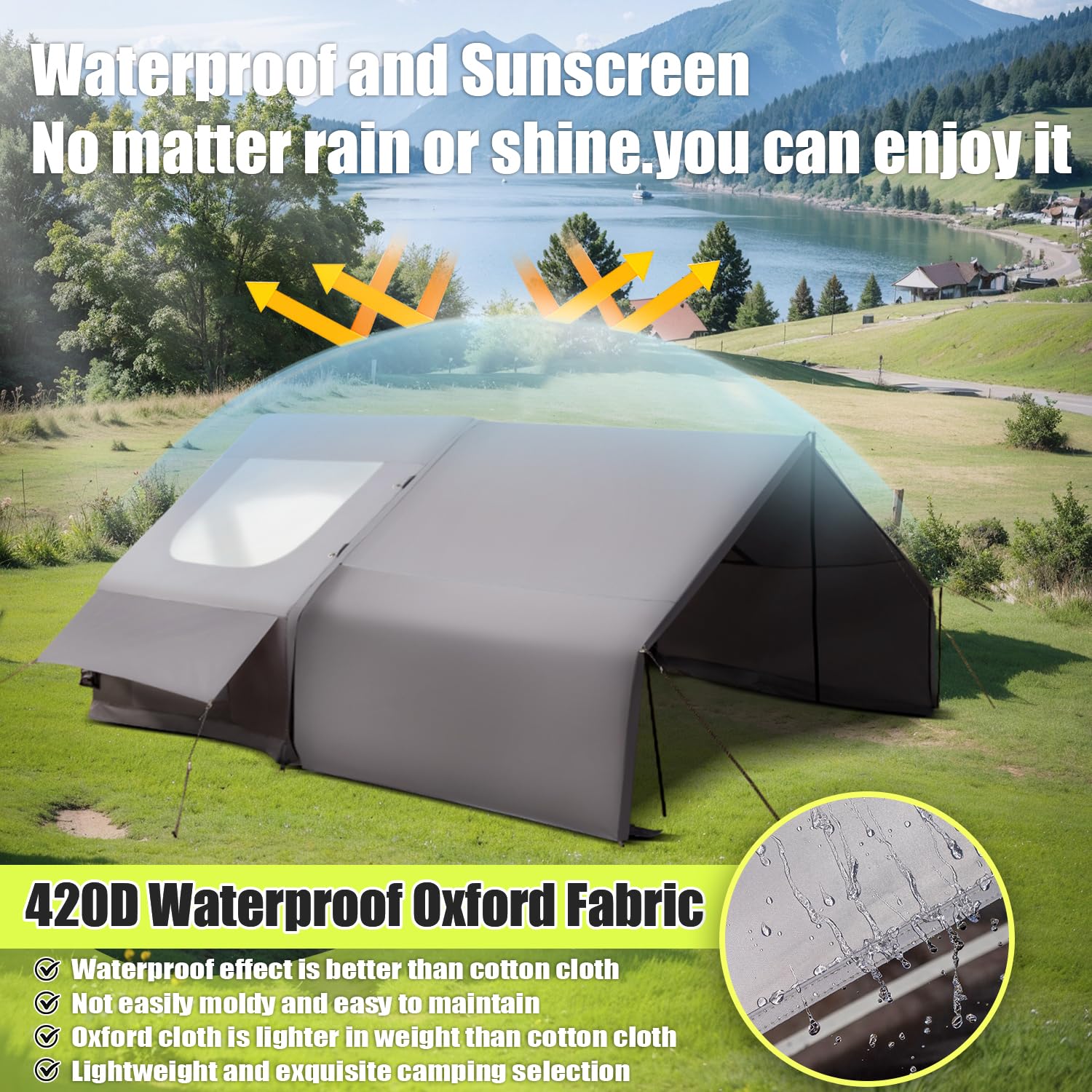 Inflatable Camping Tent Tarps for 4-6 Person, with Electric Air Pump, Extended Canopy, 4 Season Waterproof Windproof, Clear Skylight & 420D Oxford Waterproof, Air Tent with Mesh Windows/Doors