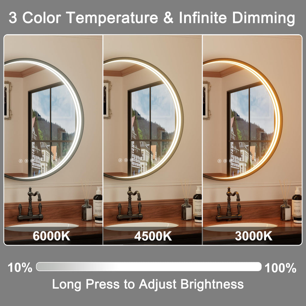 JSneijder 36 Inch Bluetooth Bathroom Mirror with LED Lights, Black Frame Round Vanity Mirror with Lights and Bluetooth, Anti-Fog, Dimmable, 3000K/4500K/6000K, CRI 90+,Memory Function