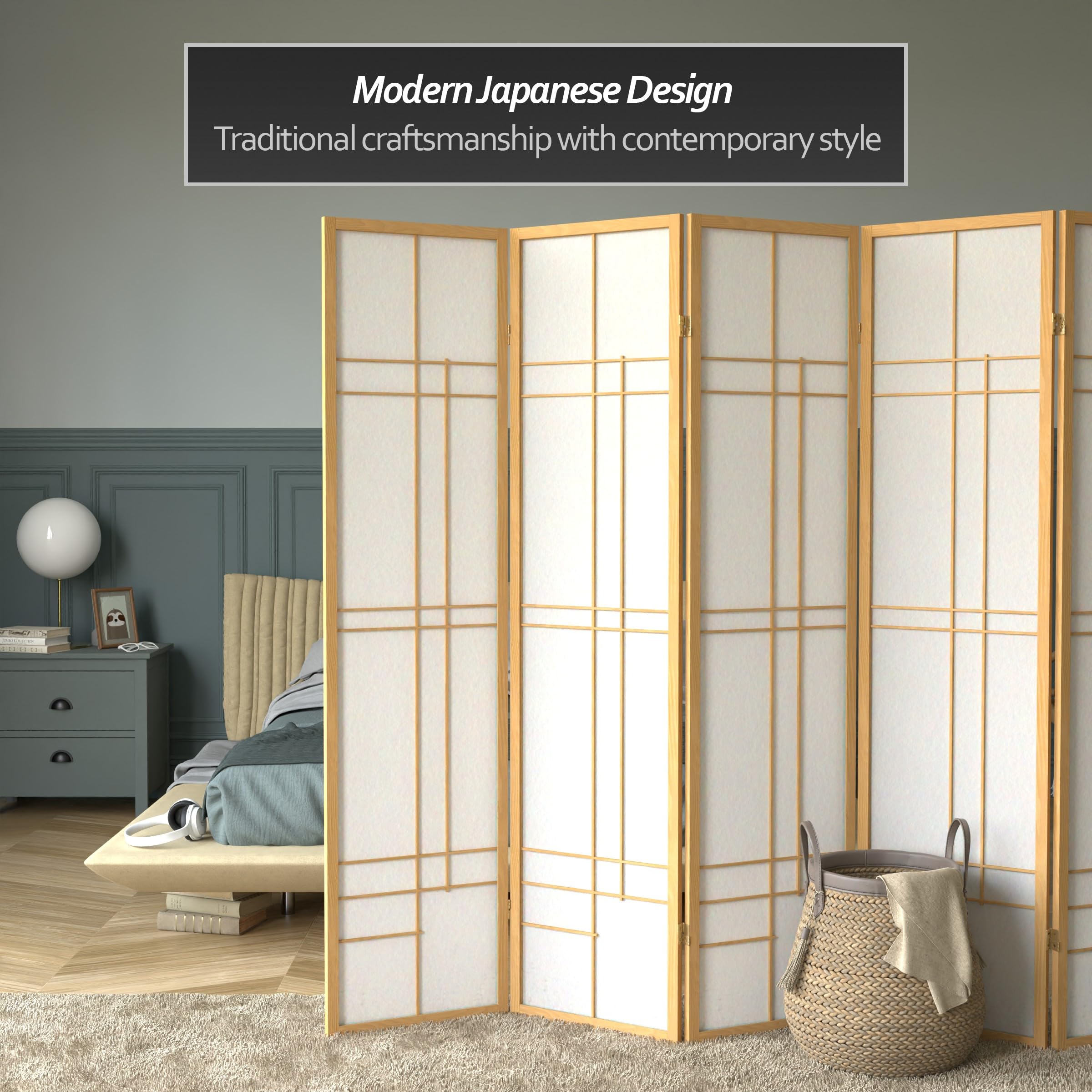 Red Lantern 6 ft. Tall Eudes Shoji Screen - Natural - 5 Panels