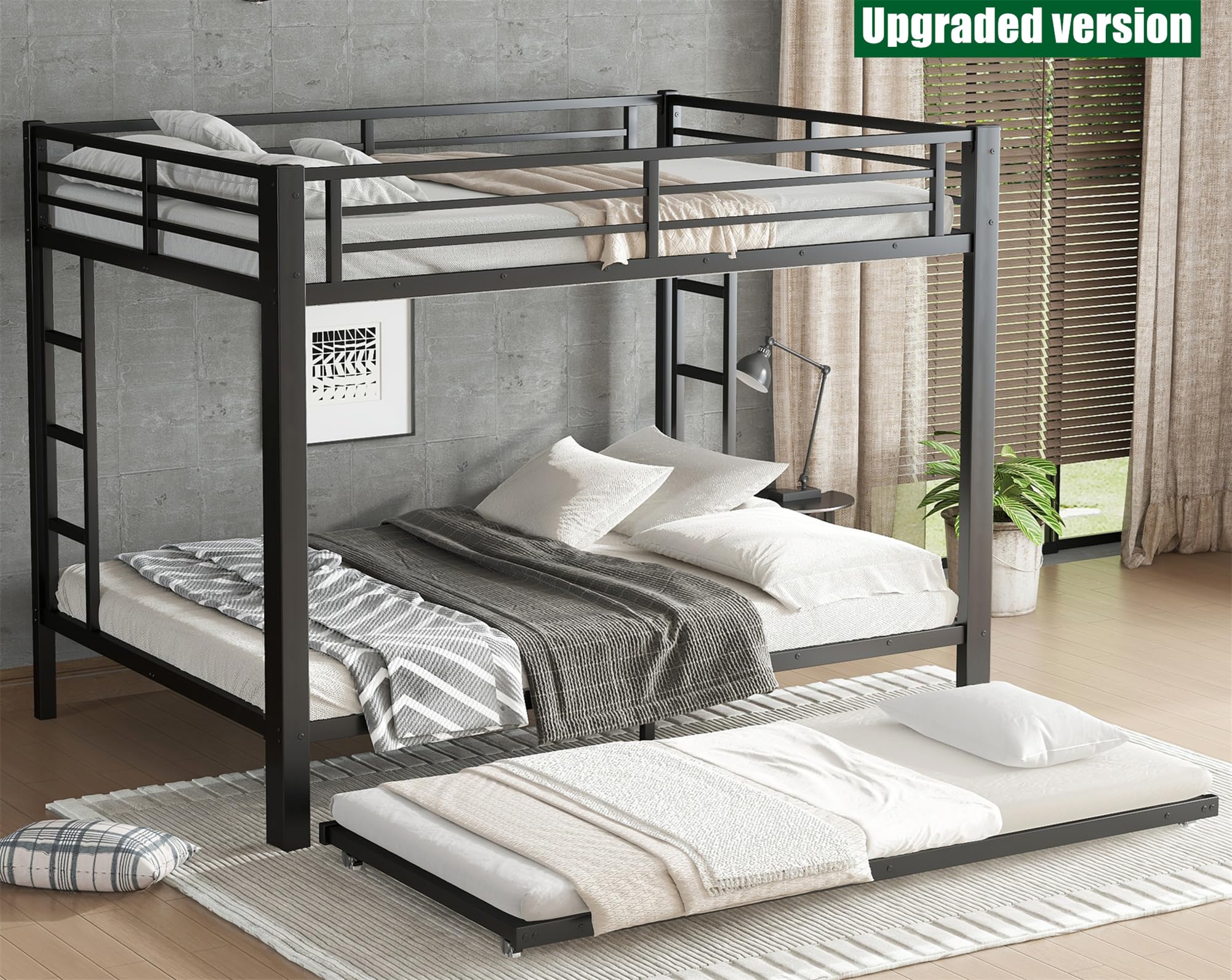 LEEKAF Stronger & Safer Heavy Duty Metal Queen Over Queen Size Bunk Bed for Adults Teens, Thickened More Stable Steel Bunkbed (Greater Weight Capacity) (Queen Over Queen with Trundle)