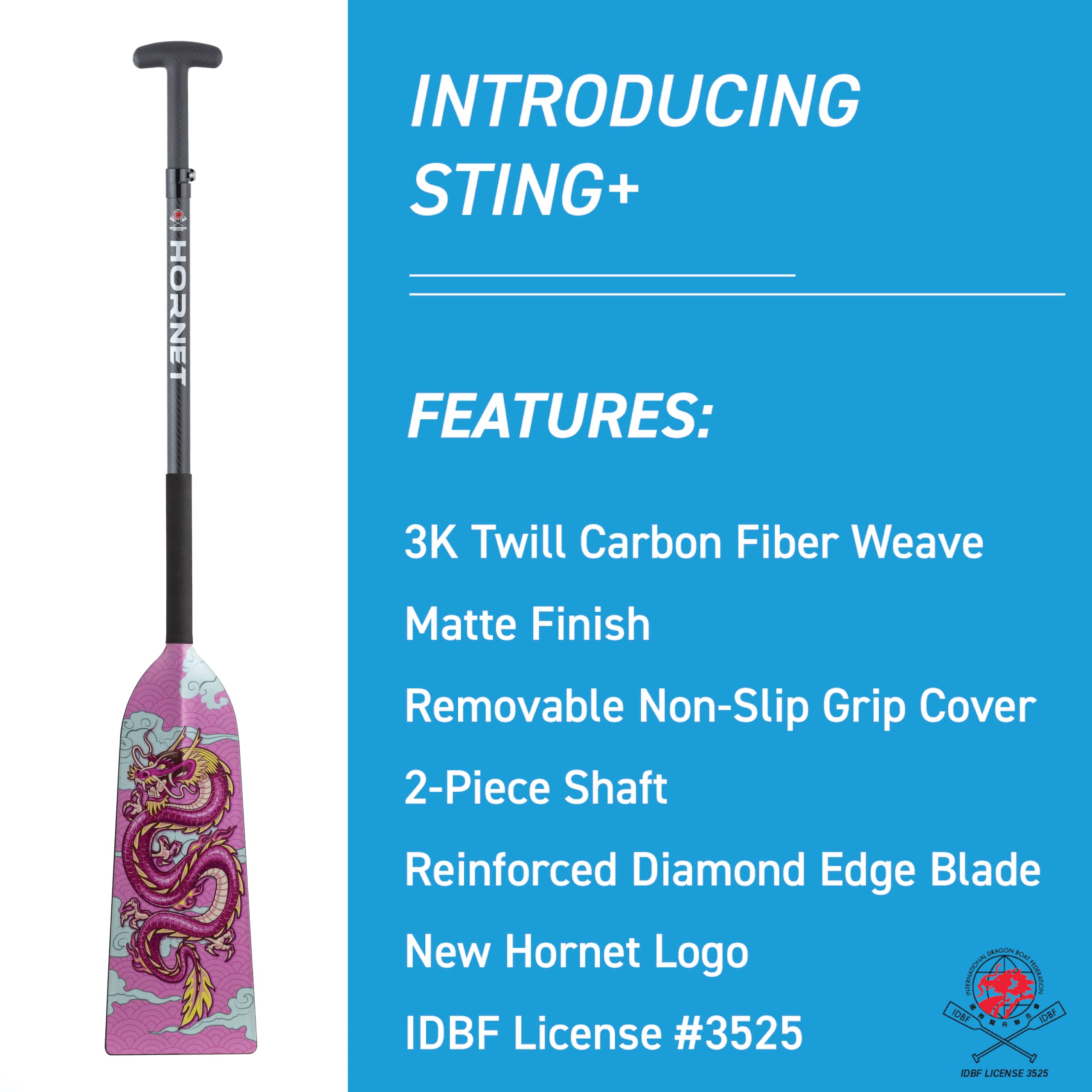 Hornet Watersports Dragon Boat Paddle - Pink Dragon - Adjustable Carbon Fiber Dragon Boat Paddle - IDBF Approved - Dragon Boat Accessories - Dragonboat Paddles (Clamp Adjustable)